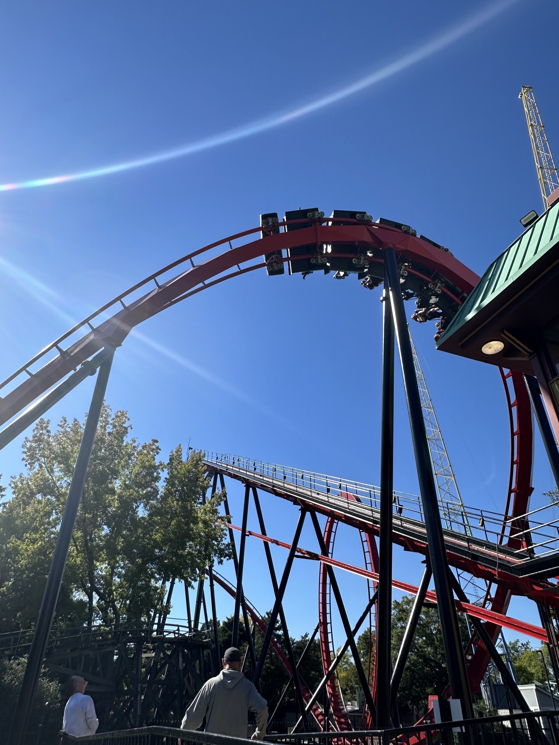 A Vortex train at the top of the vertical loop, Carowinds, October 2024