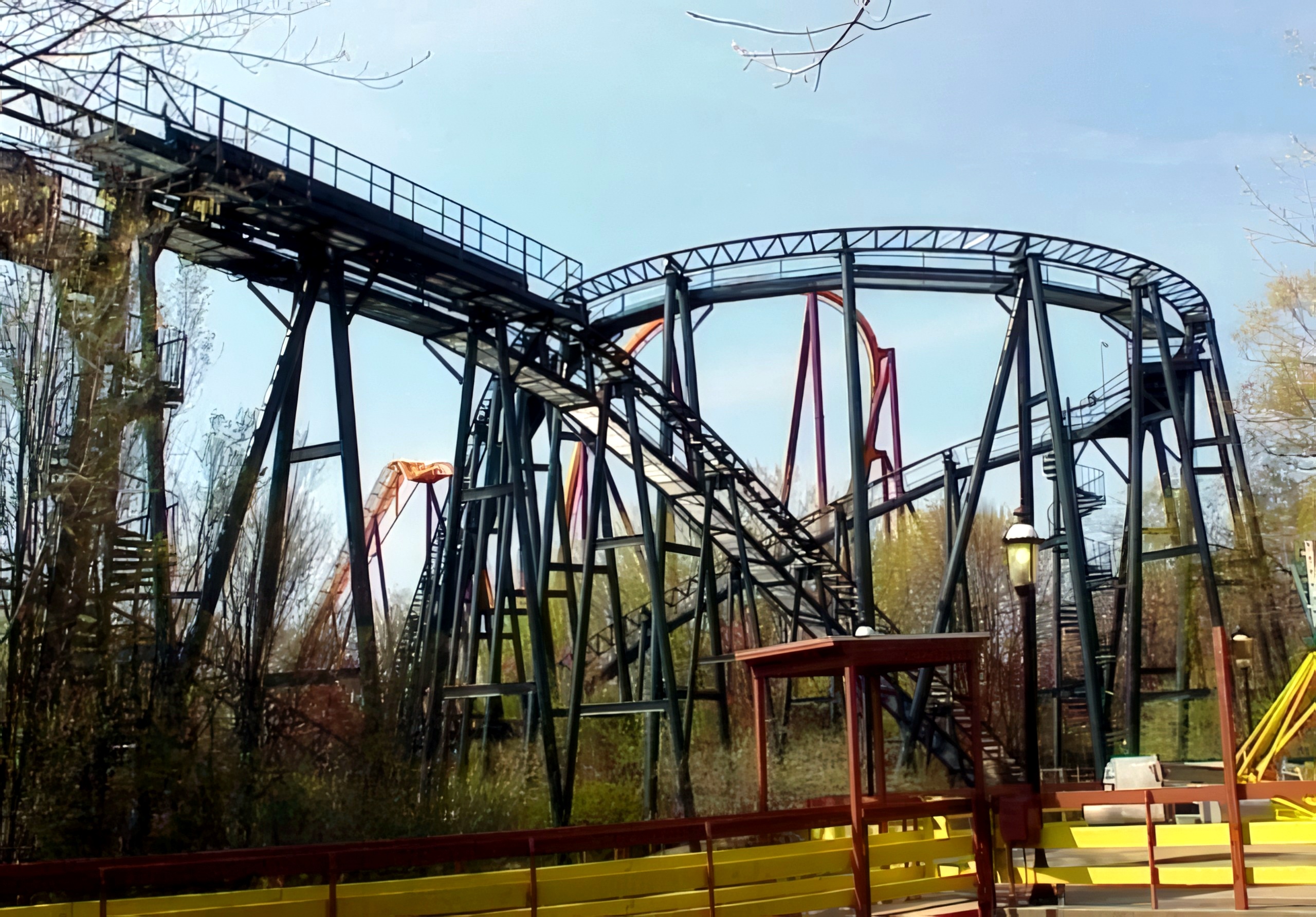 Whizzer's lift and upper helix from the midway at Six Flags Great America, 2000
