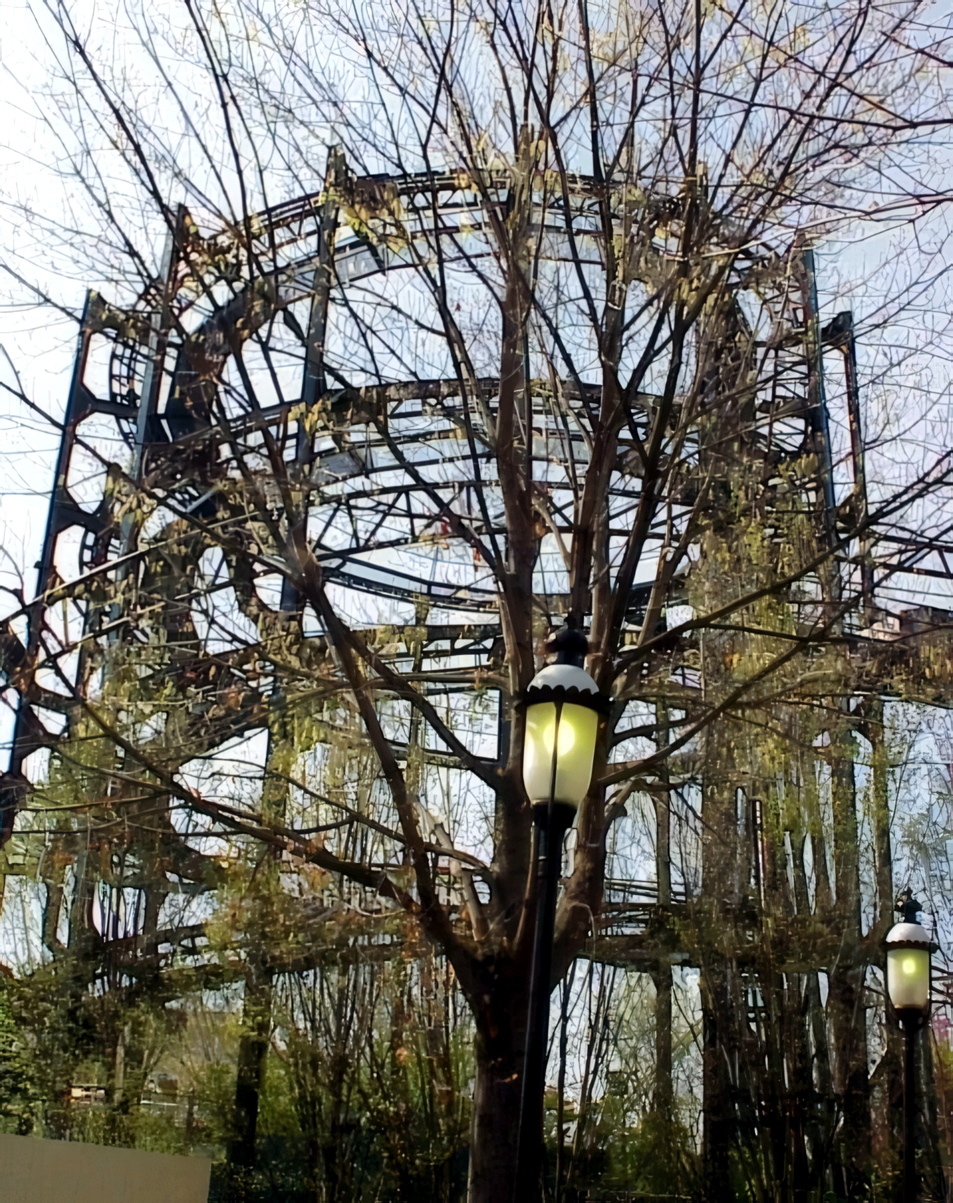 Whizzer's track behind the bare spring trees at Six Flags Great America, 2000