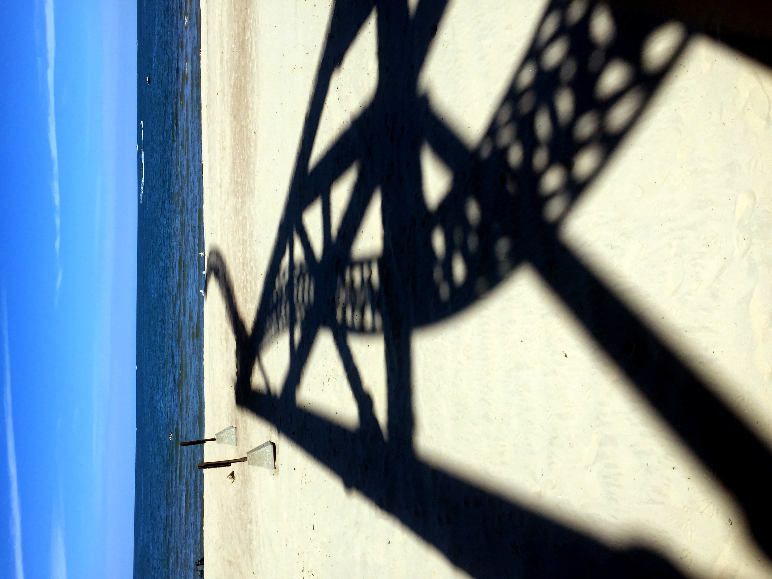 Coaster lift shadow cast on Cedar Point beach, Lake Erie, Wicked Twister, July 2016