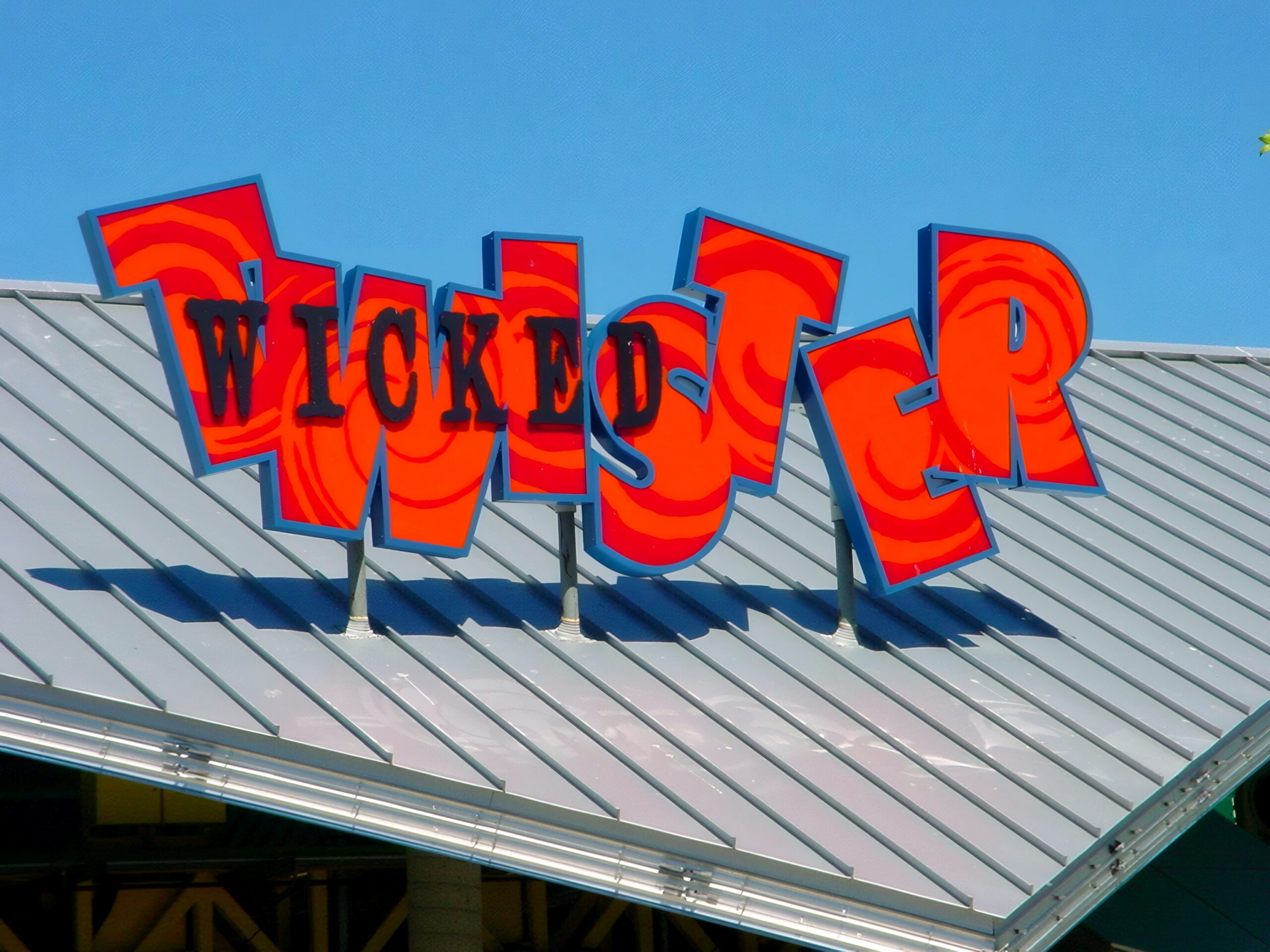 The Wicked Twister sign on the station roof at Cedar Point, July 2003
