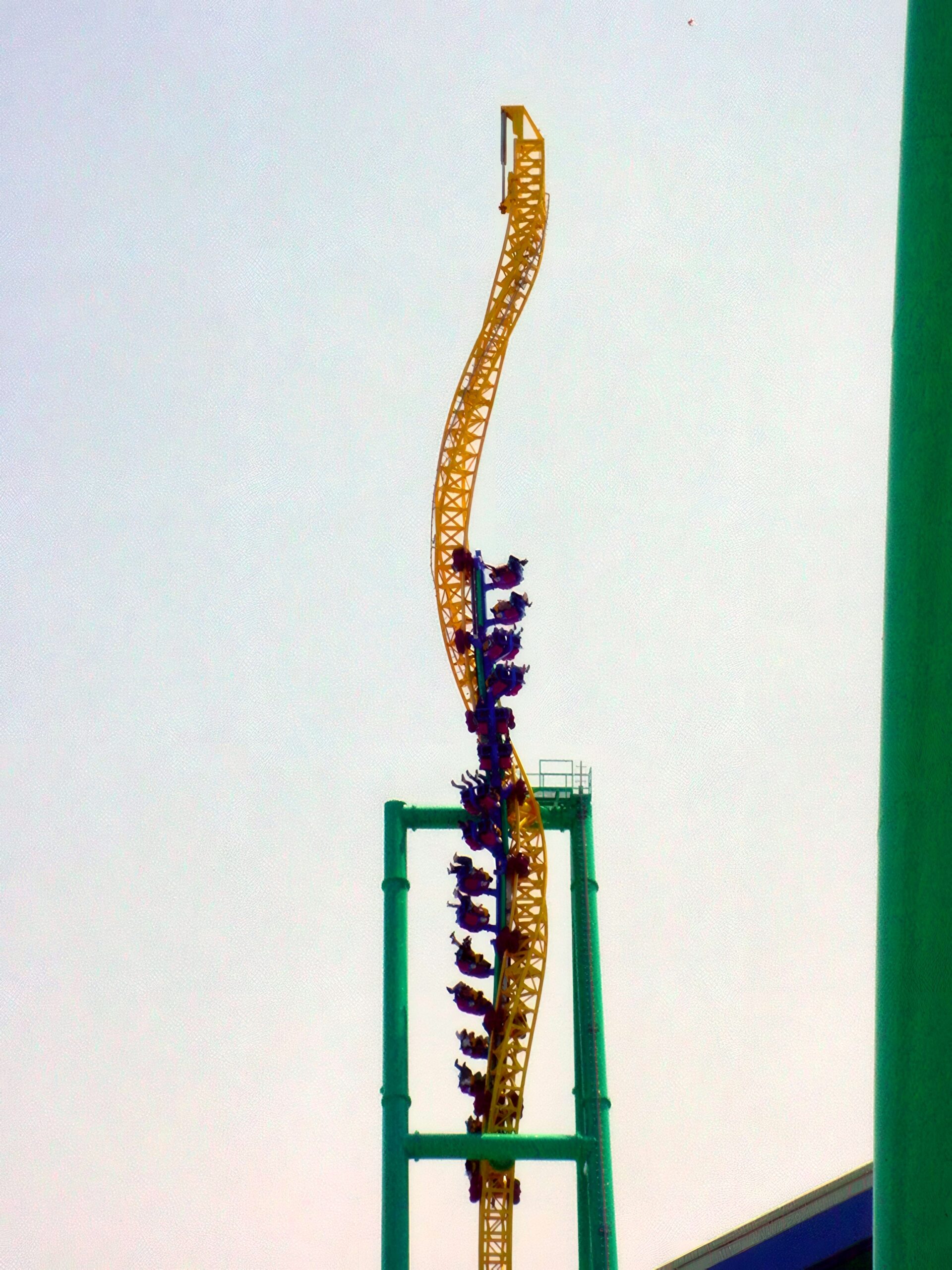 A Wicked Twister train climbing the twisted spike, May 2002
