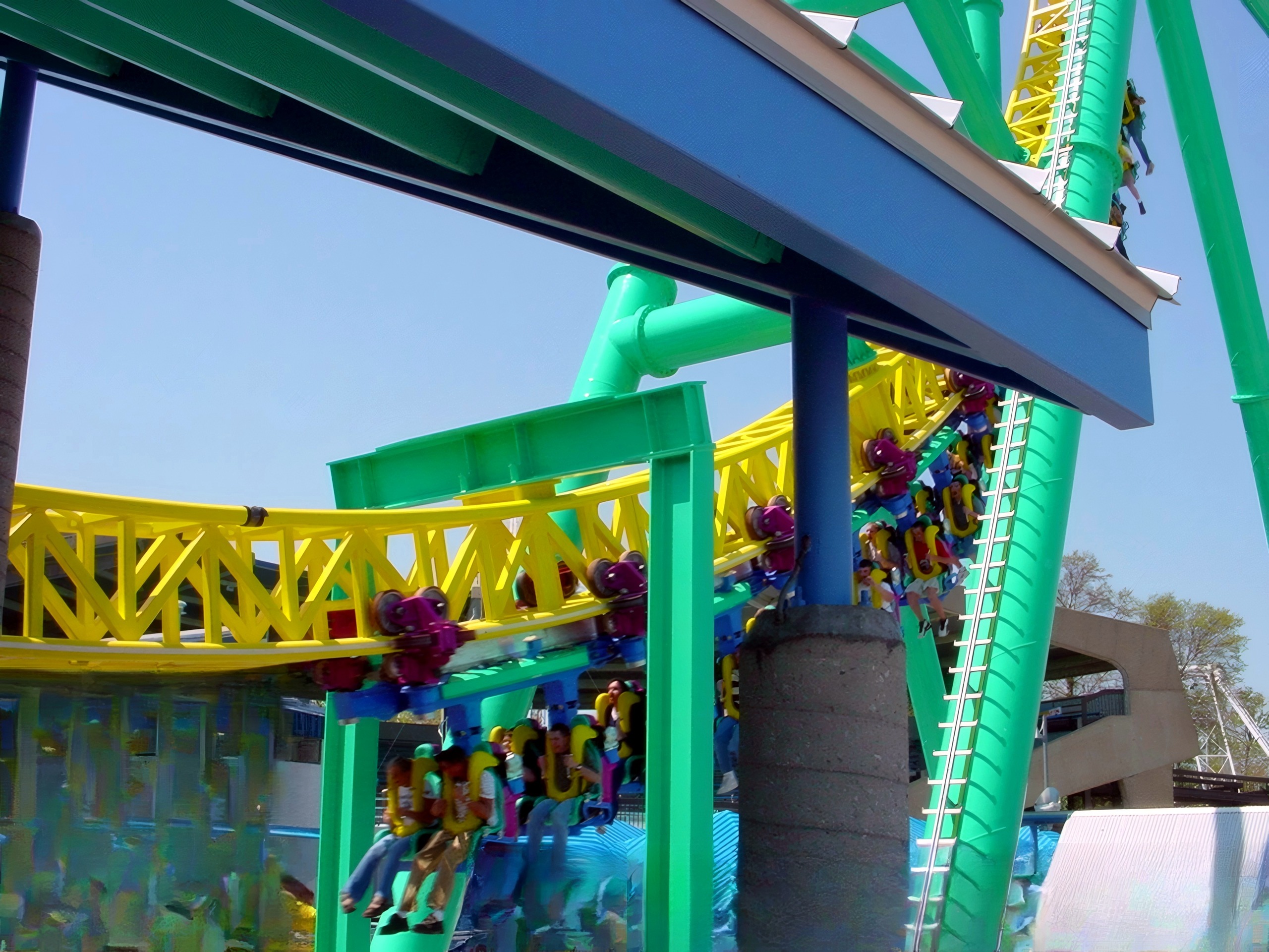 Wicked Twister station with spectators watching train launch, Wicked Twister, May 2002