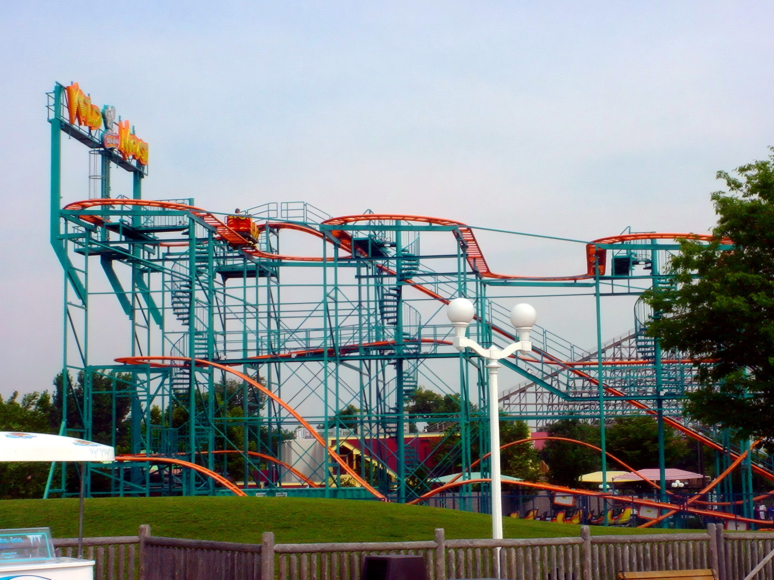 The Wild Mouse sign on top of the teal structure at Dorney Park, July 2001