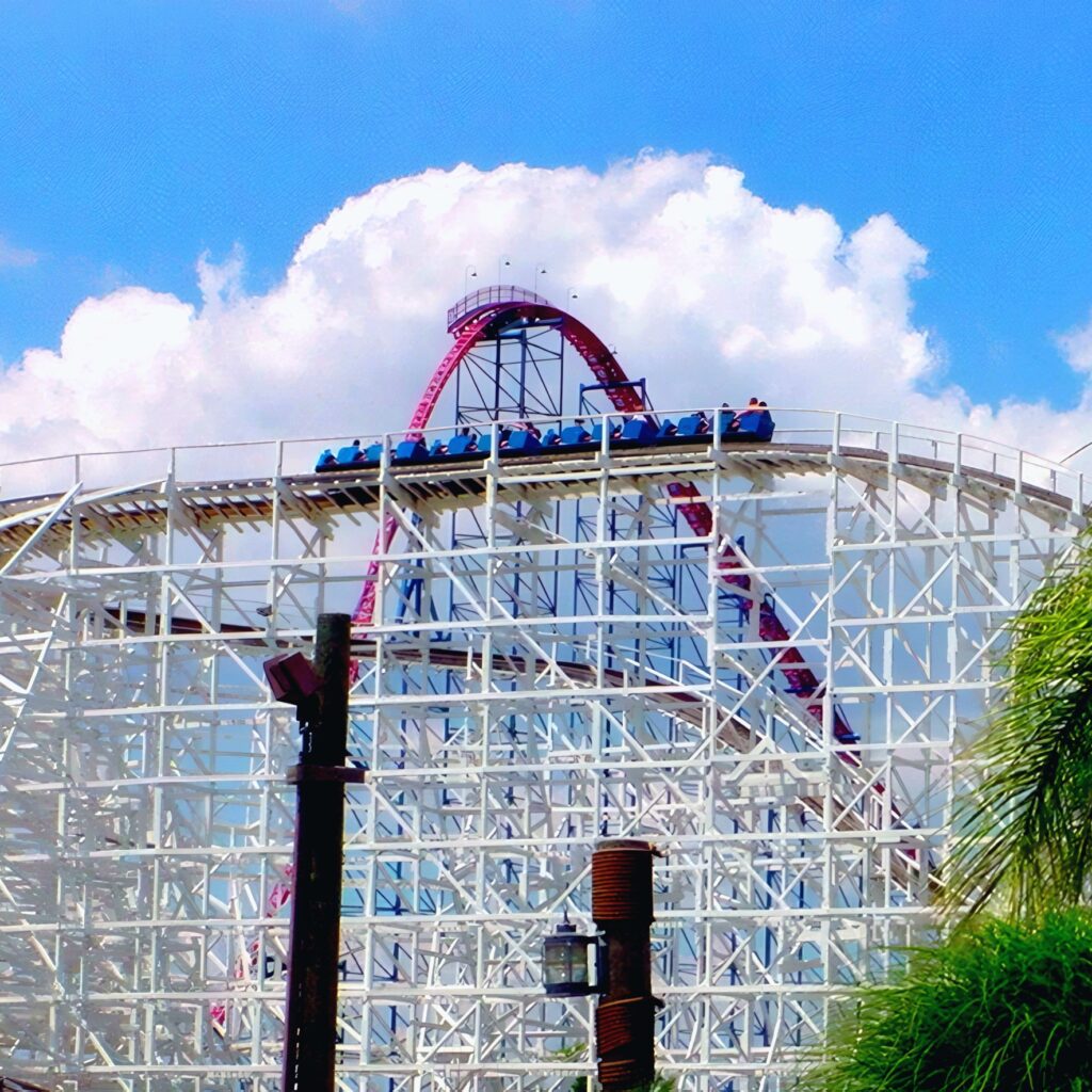 Wild One at Six Flags America: a train on the white wooden structure with Superman: Ride of Steel's red track behind