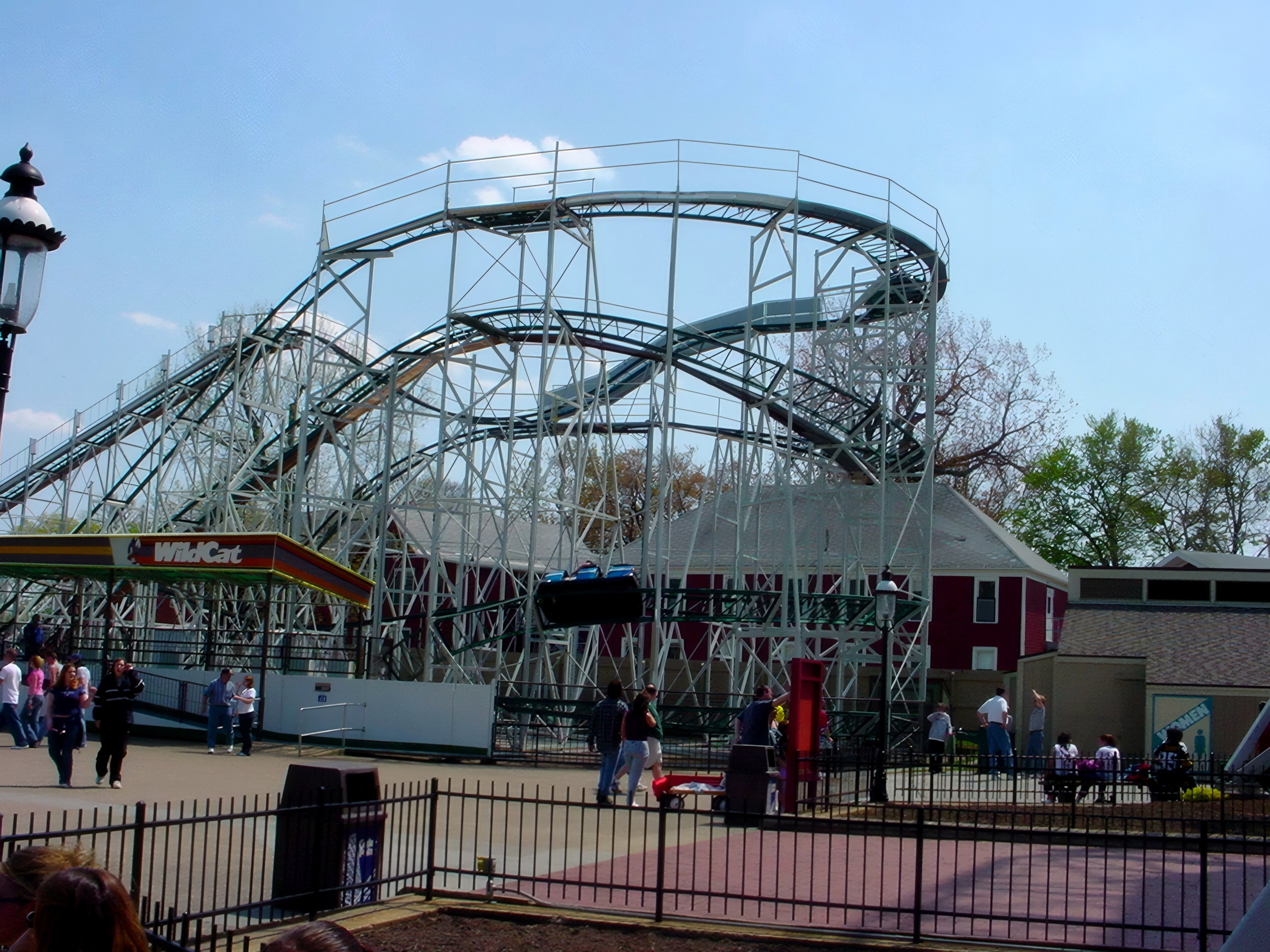 The WildCat sign and station beneath the white steel structure at Cedar Point, May 2002