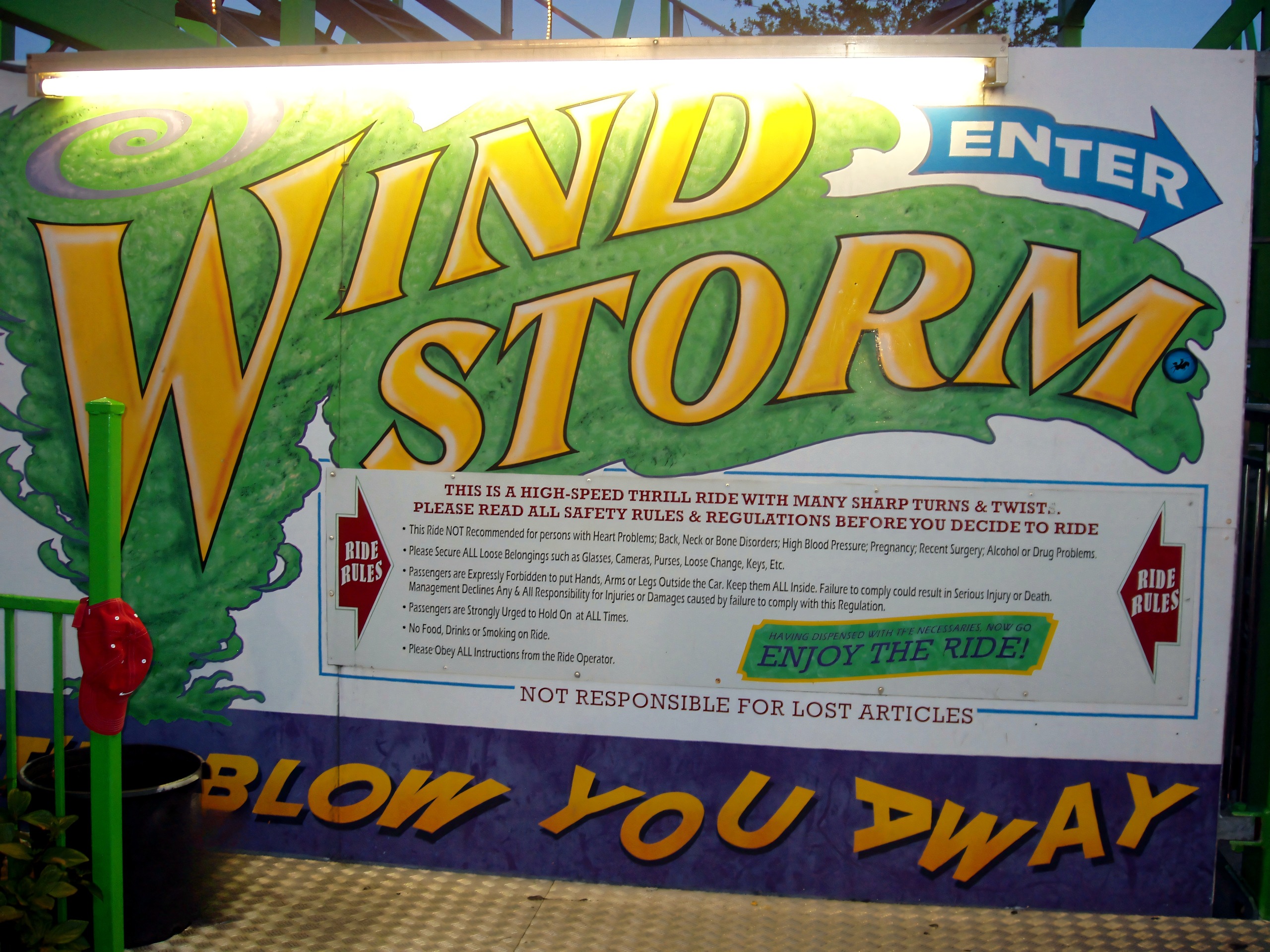 The Windstorm entrance sign and ride rules board at Old Town Kissimmee, July 2006