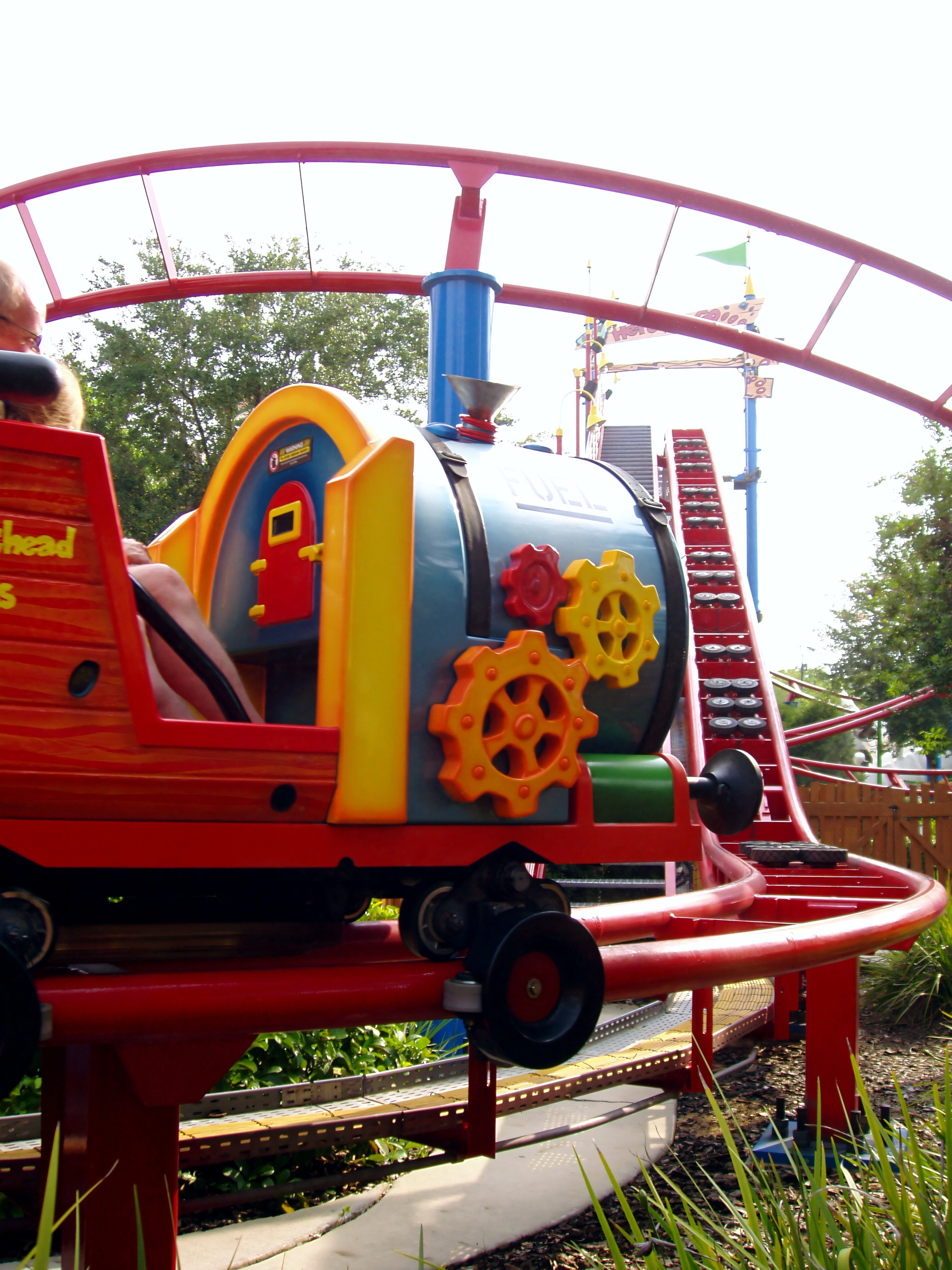 The steam-engine front car of a Woody Woodpecker's Nuthouse Coaster train at Universal Studios Florida, June 2006