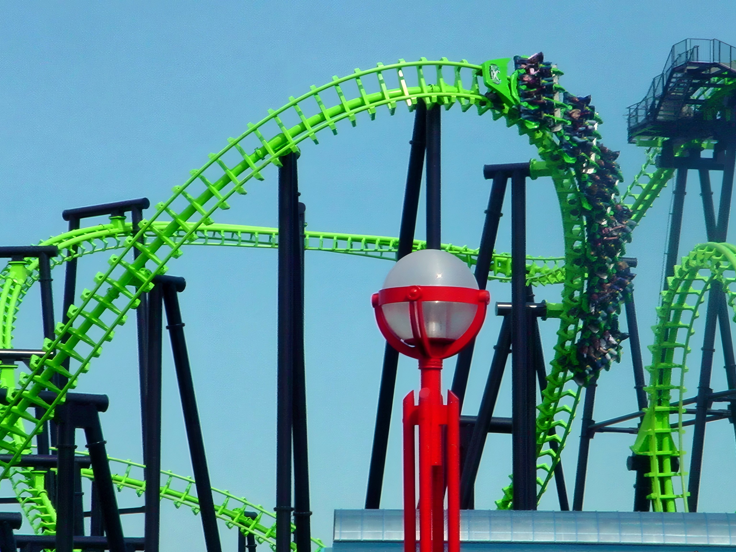 An X-Flight train riding over the top of an inversion, May 2002