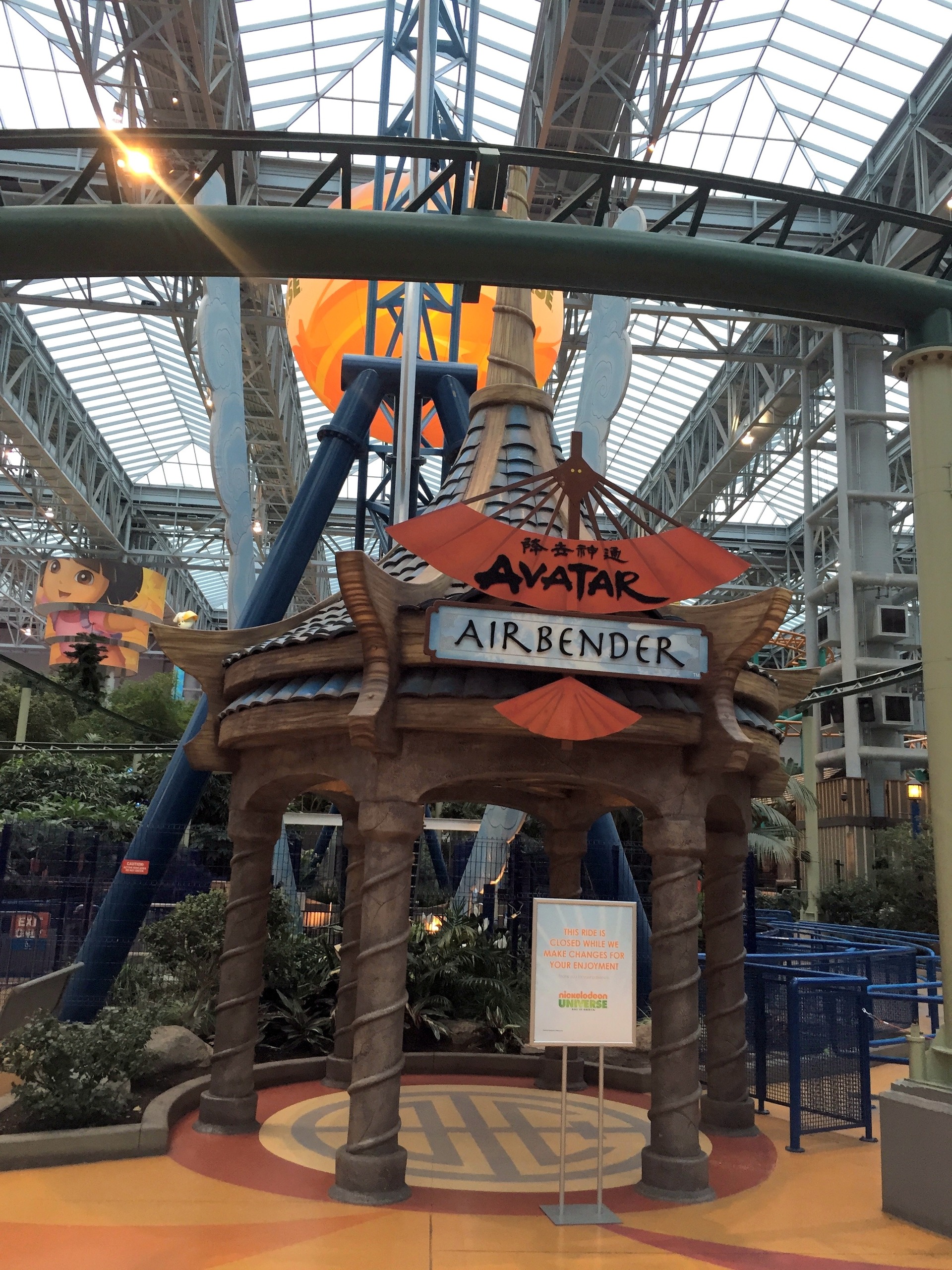 The Avatar Airbender entrance pagoda with the sign and the orange balloon above, Nickelodeon Universe, Mall of America, November 2015