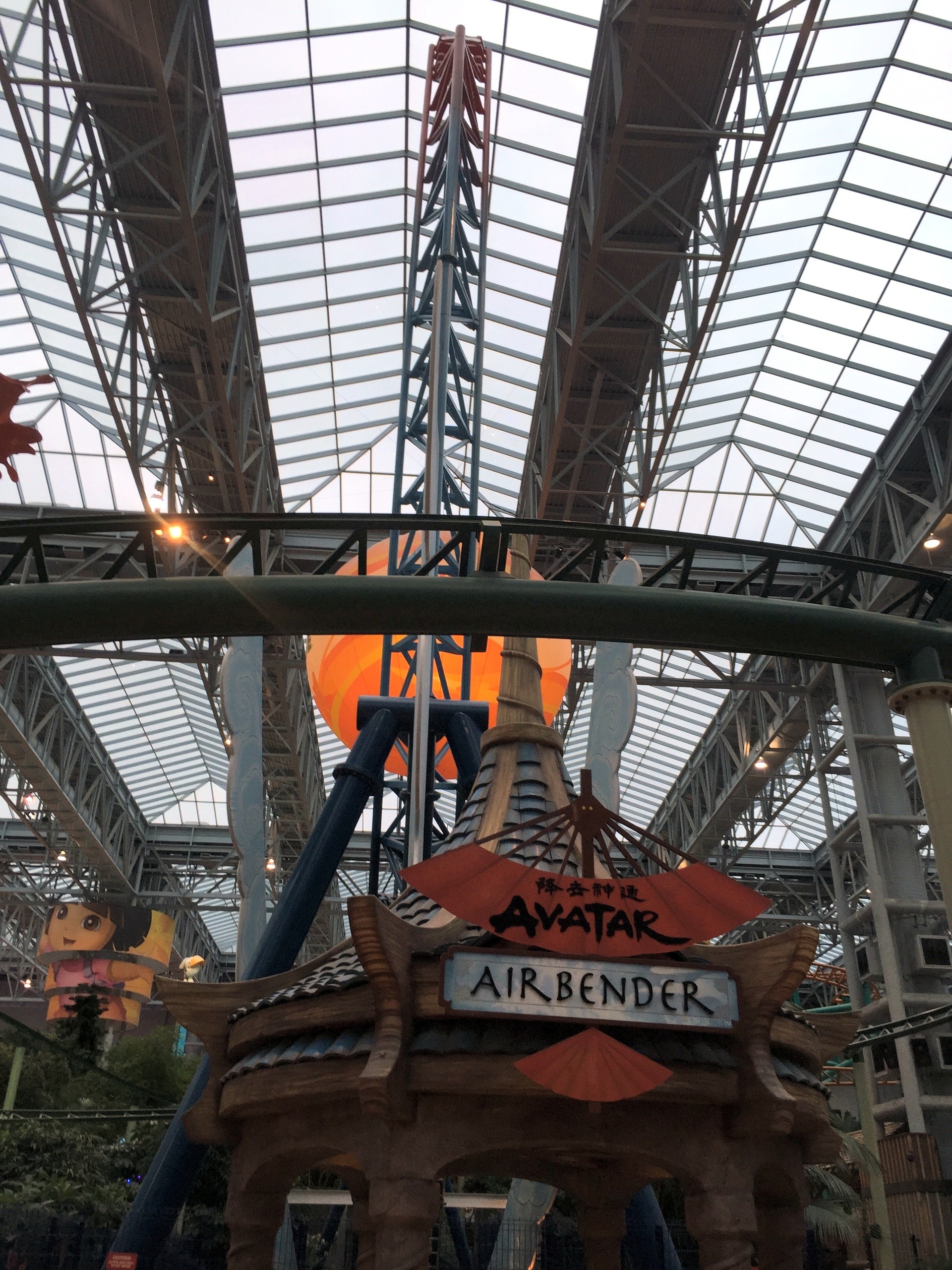 The Avatar Airbender sign on its pagoda roof with the ride's arm above, Nickelodeon Universe, Mall of America, November 2015