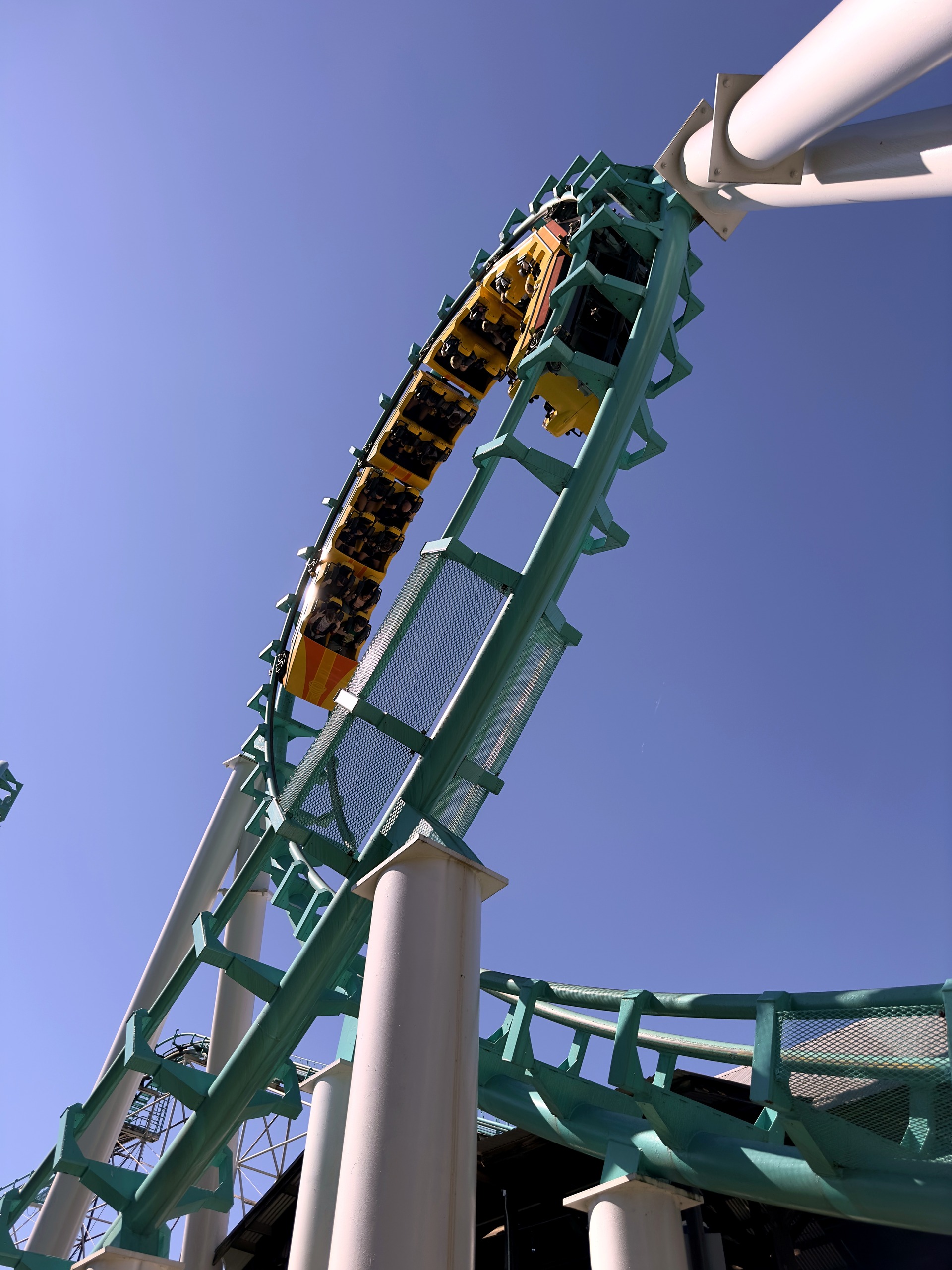 A yellow Carolina Cyclone train passing directly overhead on teal track at Carowinds, October 2024