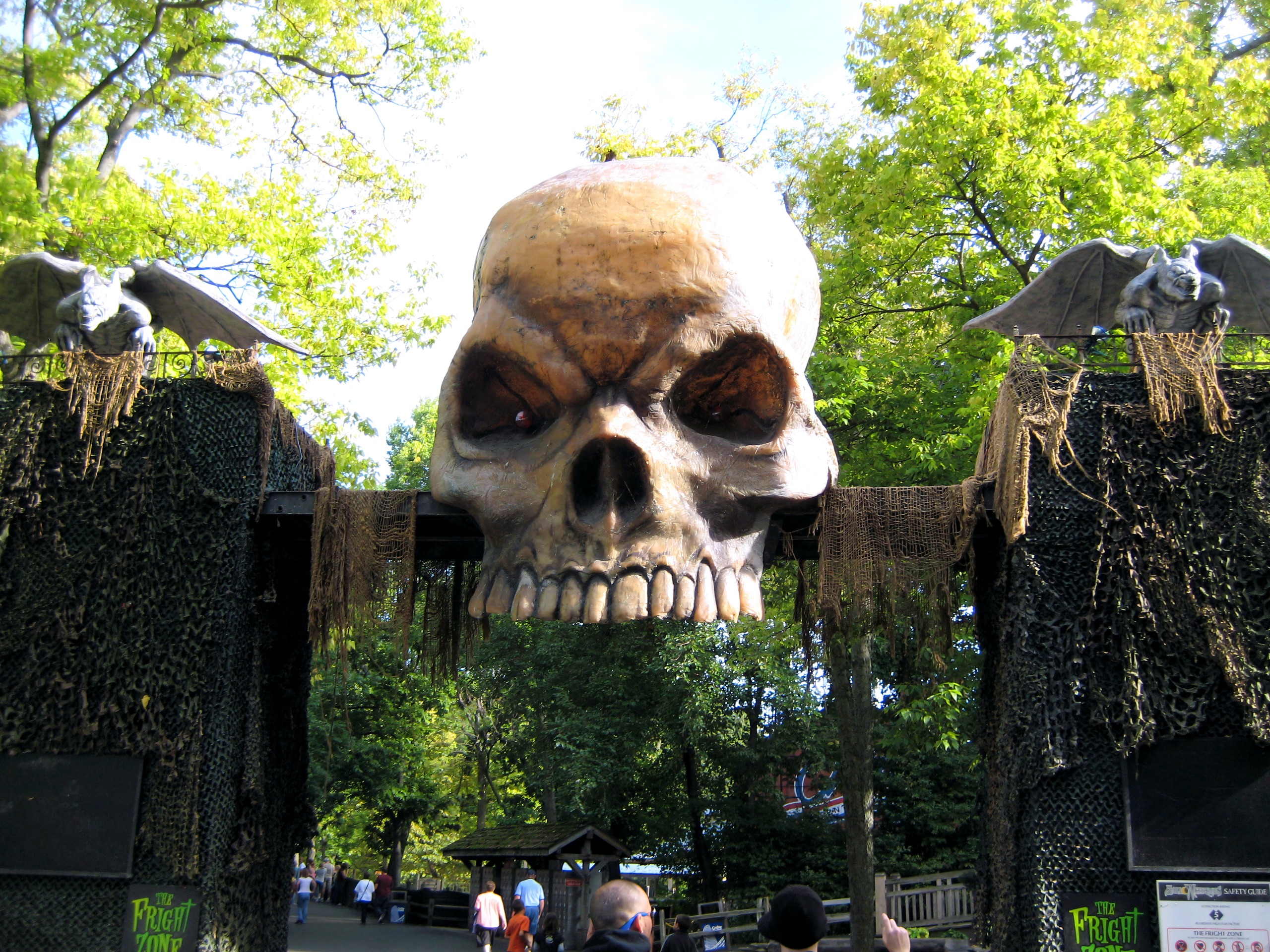 The giant skull and gargoyle entrance arch to a HalloWeekends Fright Zone at Cedar Point, September 2007