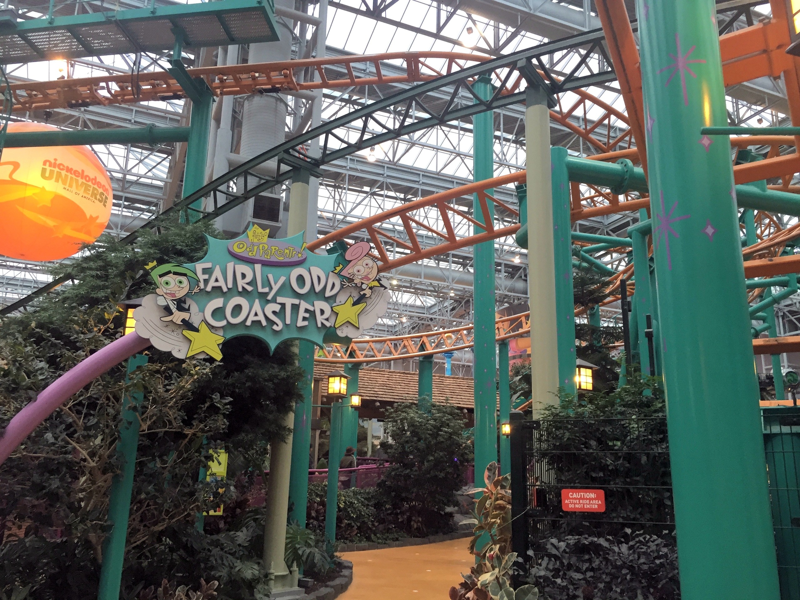 The Fairly Odd Coaster sign with Cosmo and Wanda, the orange track and the Nickelodeon Universe balloon behind, Nickelodeon Universe, Mall of America, November 2015
