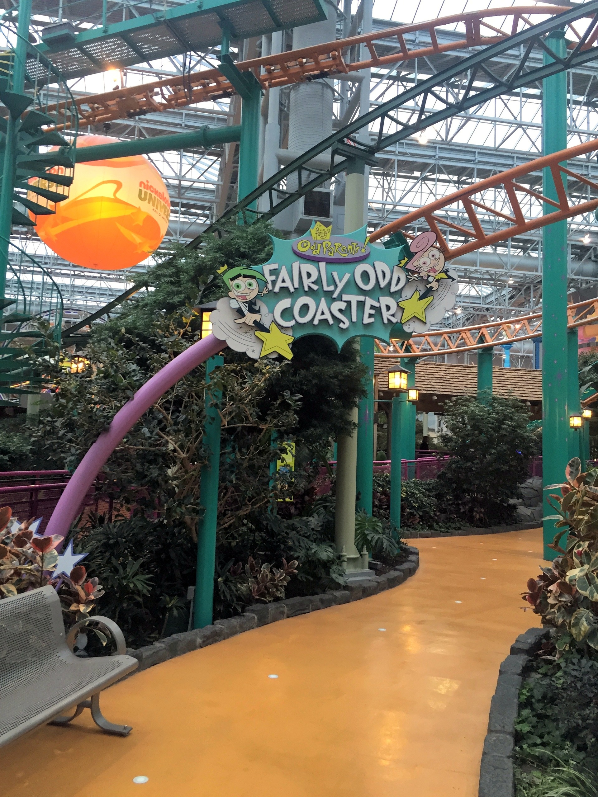 The Fairly Odd Coaster sign and orange track from the walkway, Nickelodeon Universe, Mall of America, November 2015