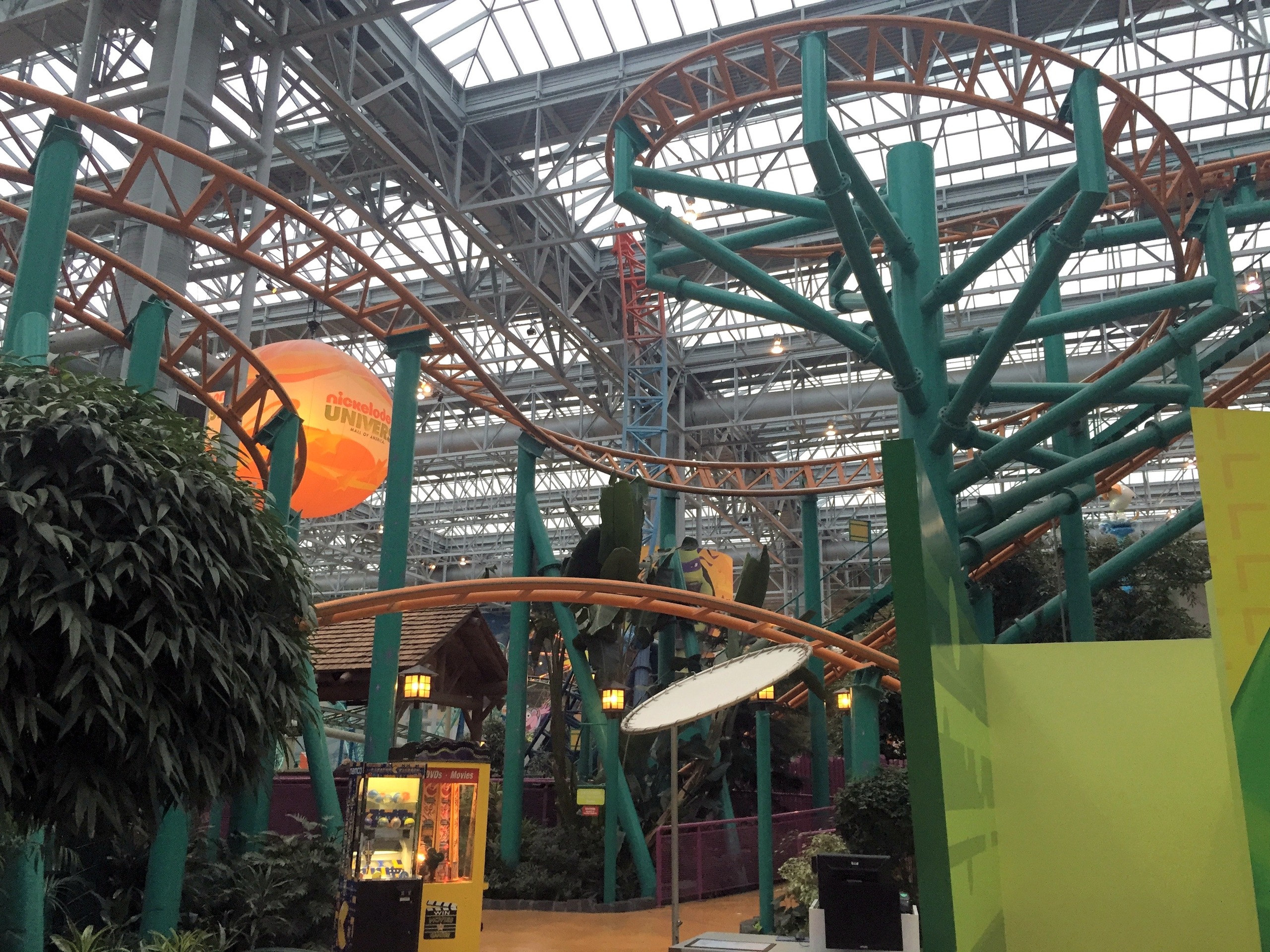 The orange track curving around the Nickelodeon Universe balloon under the skylights, Nickelodeon Universe, Mall of America, November 2015