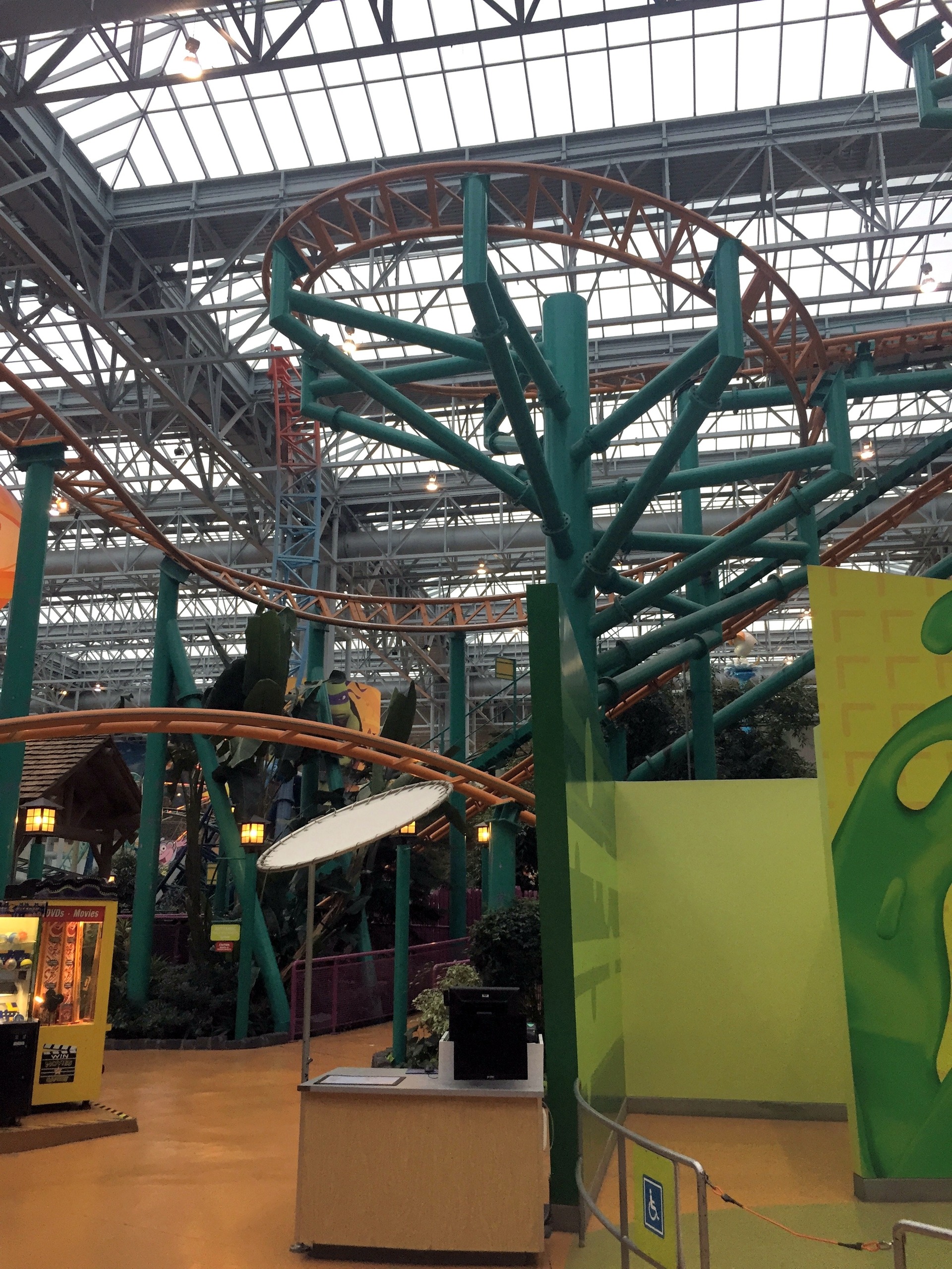 The orange track winding over the trees and the green ride structure, Nickelodeon Universe, Mall of America, November 2015