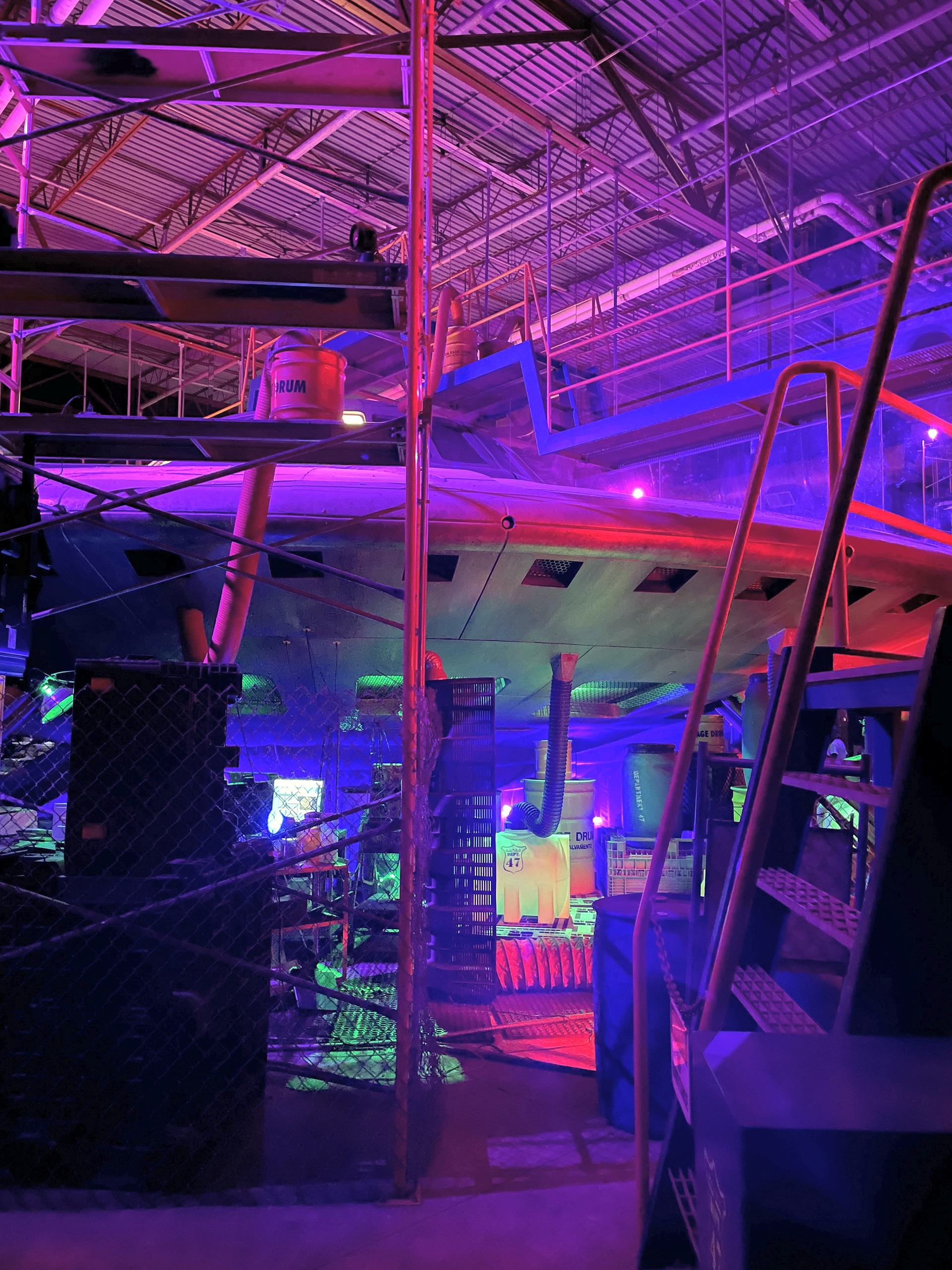 The saucer and catwalk stairs in the Flight of Fear queue, Kings Island, July 2022