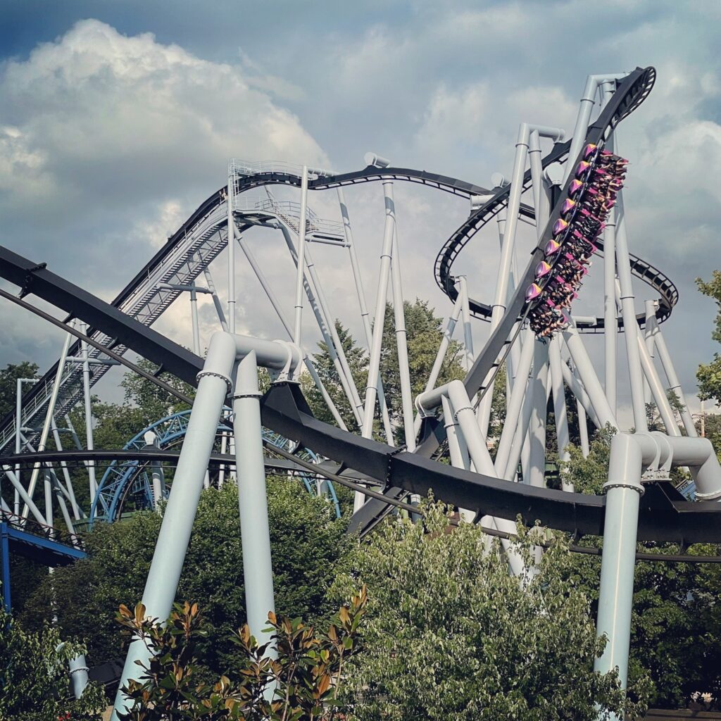A Great Bear train riders-down on the Immelmann above the supports, Hersheypark, June 2021