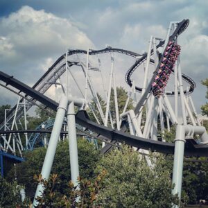 A Great Bear train riders-down on the Immelmann above the supports, Hersheypark, June 2021
