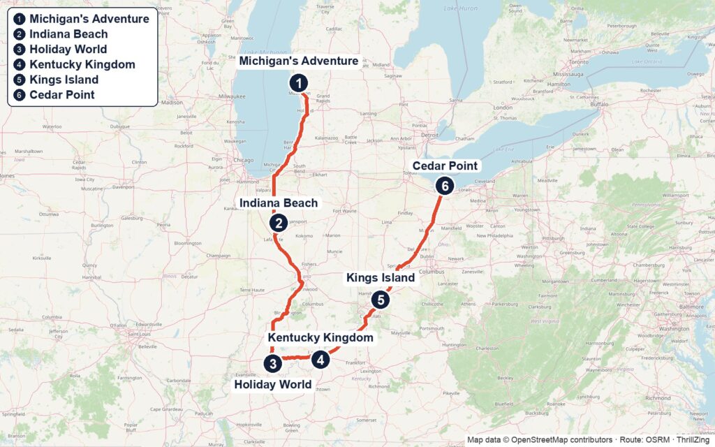 Route map for The Heartland Six: Michigan's Adventure to Indiana Beach to Holiday World & Splashin' Safari to Kentucky Kingdom to Kings Island to Cedar Point