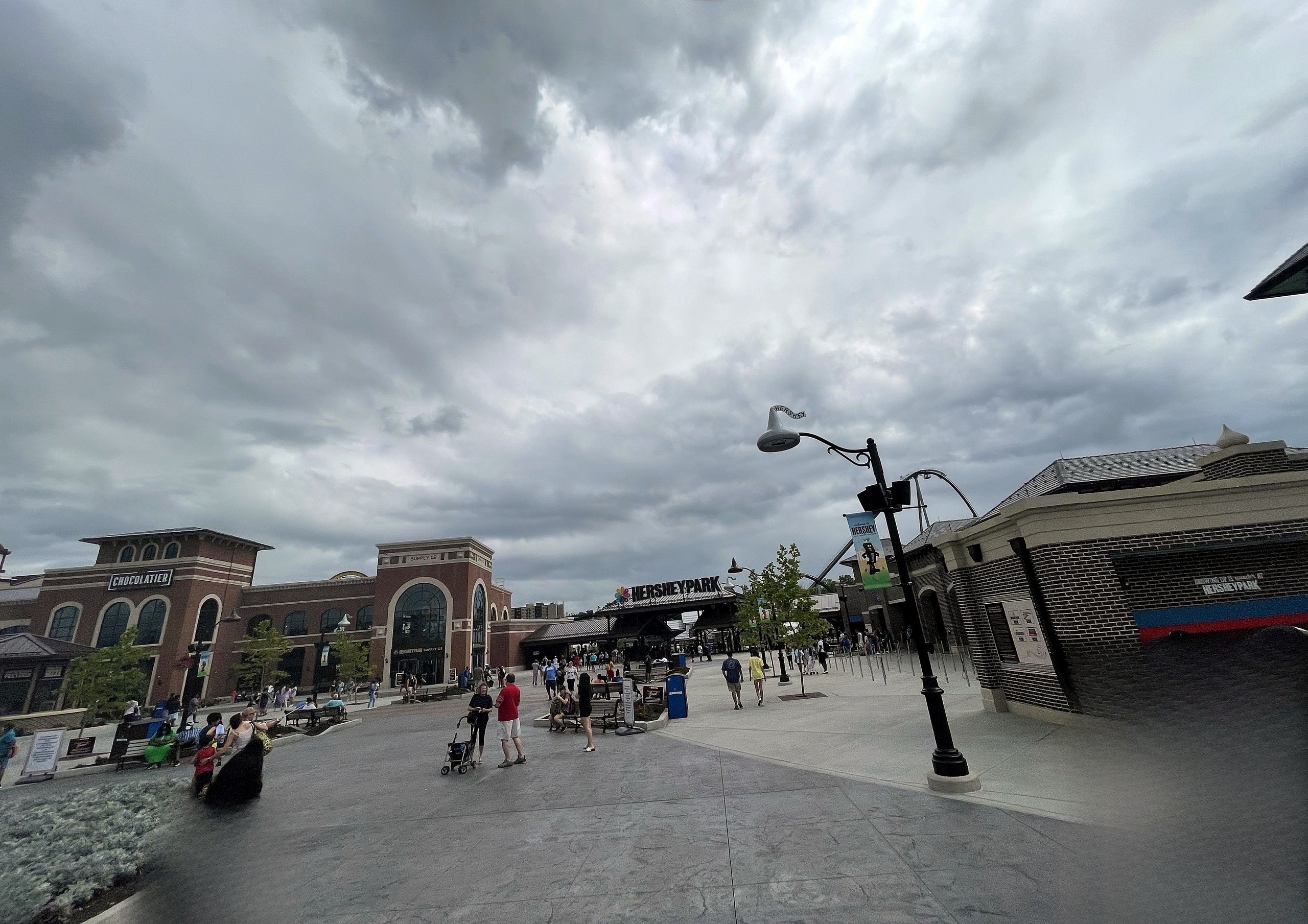 The Hersheypark entrance plaza in Chocolatetown at Hersheypark, June 2021