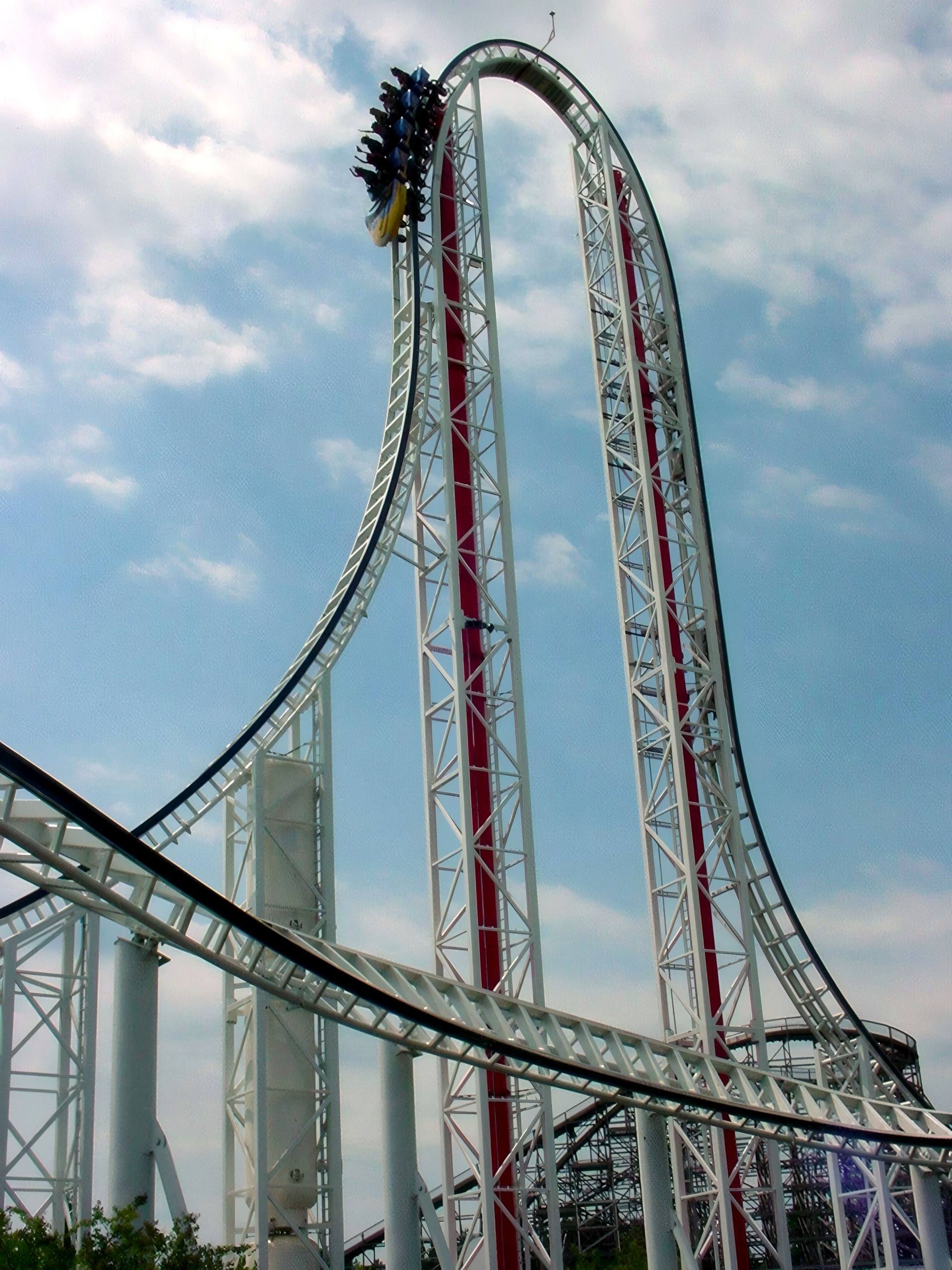 A Hypersonic XLC train going over the top of the top hat at Kings Dominion, July 2001
