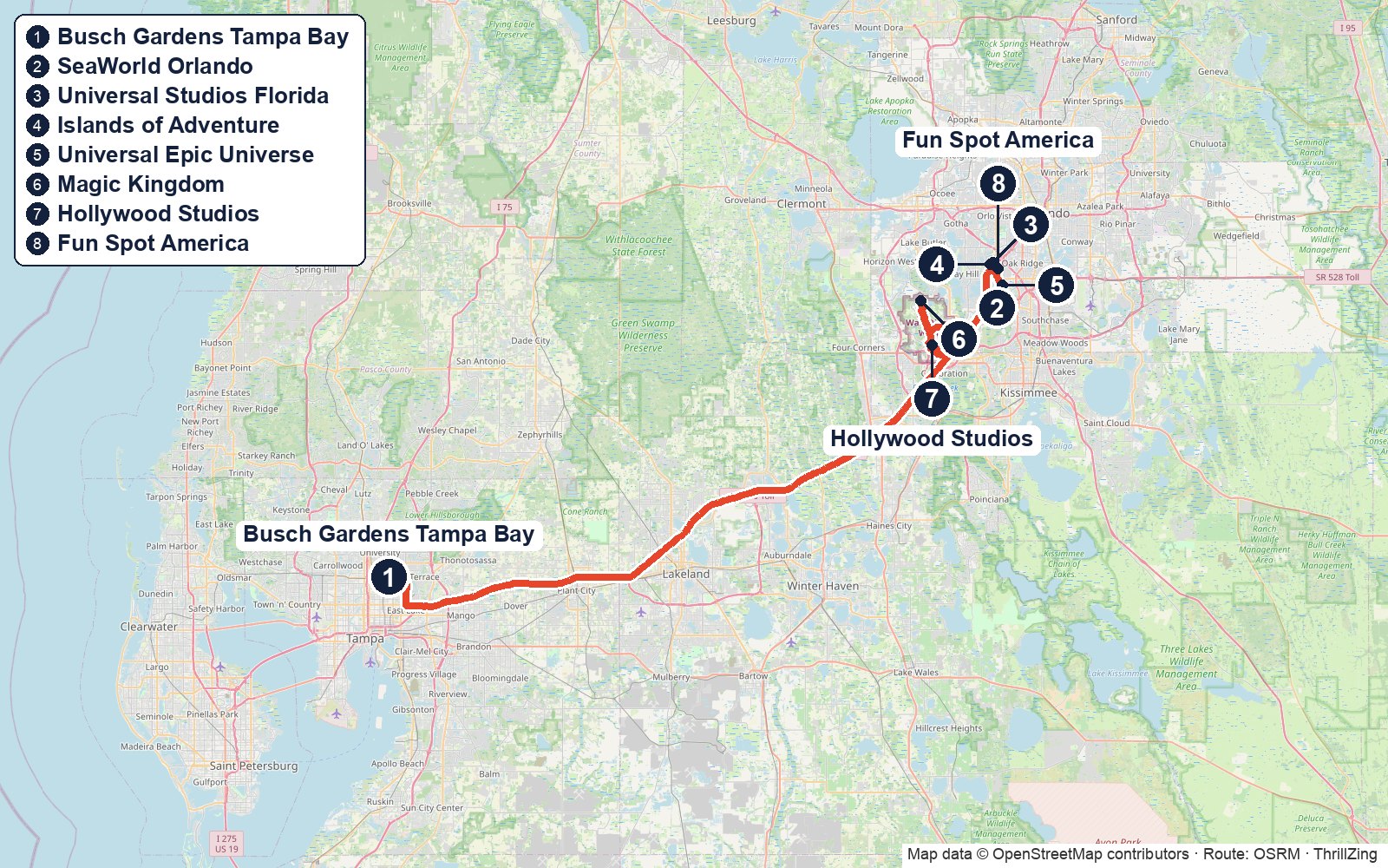 Route map for The I-4 Coaster Crawl