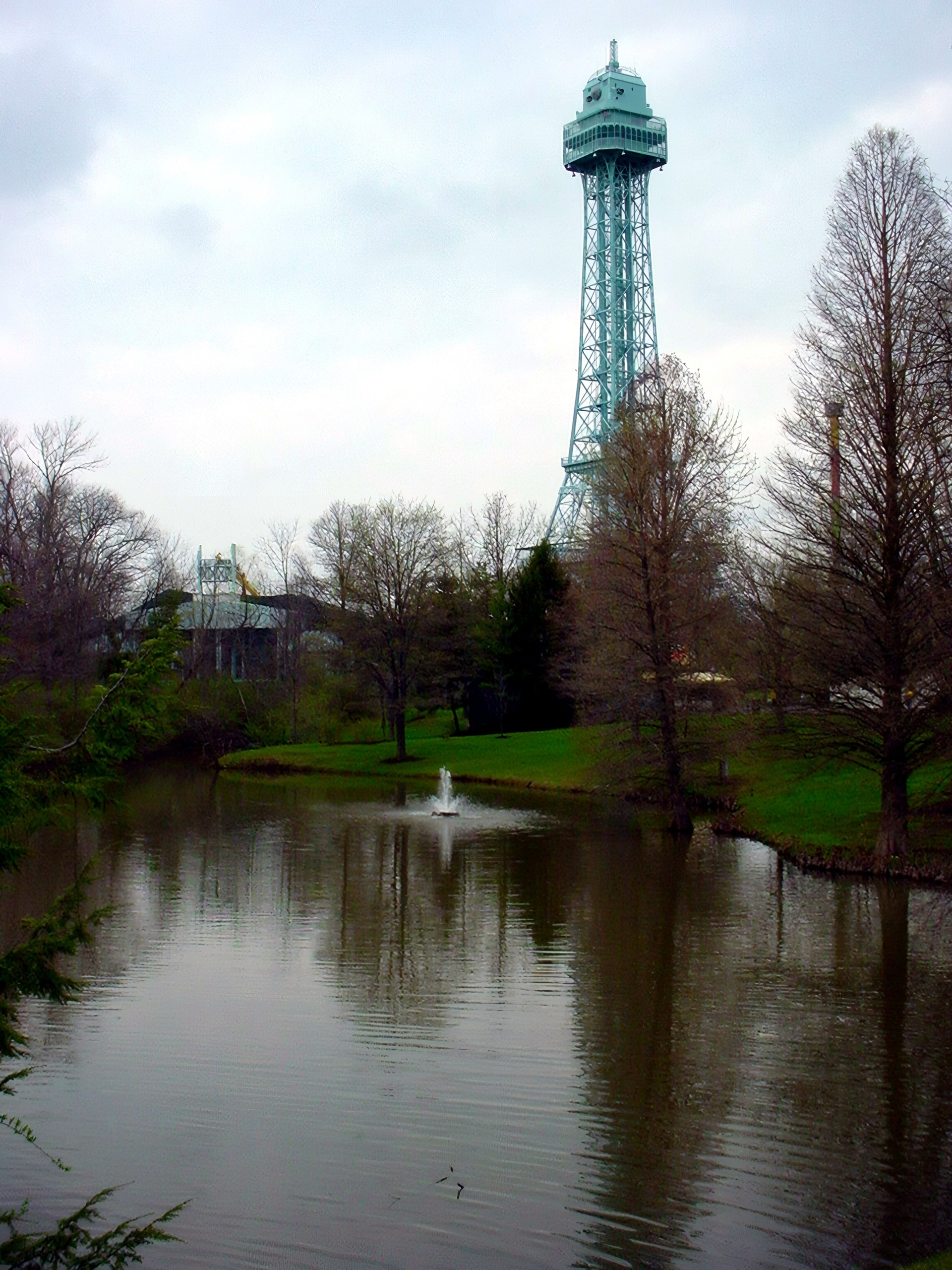 The Eiffel Tower replica above the pond at Paramount's Kings Island, April 2002