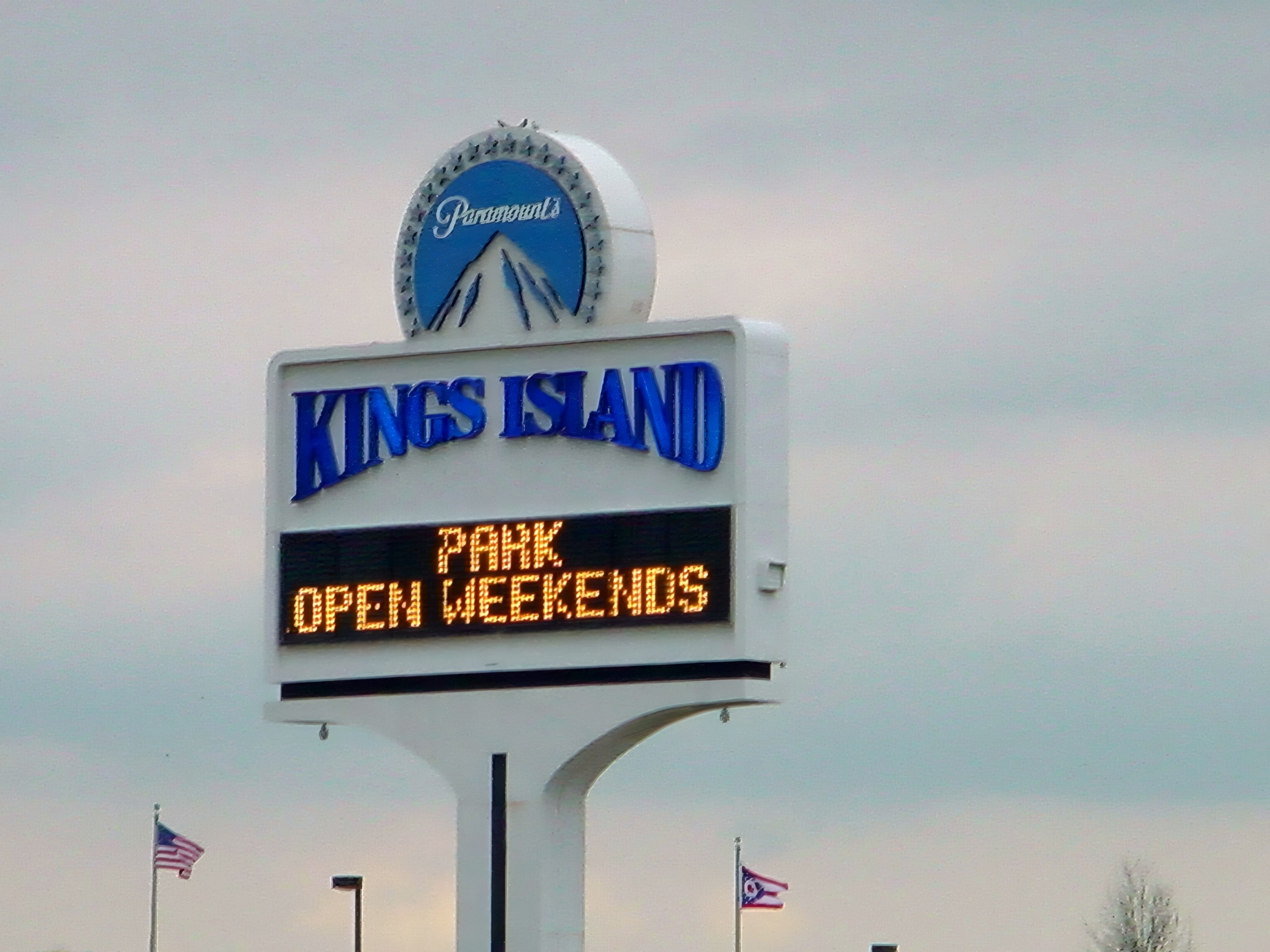 The Kings Island marquee sign announcing park open weekends at Paramount's Kings Island, April 2002