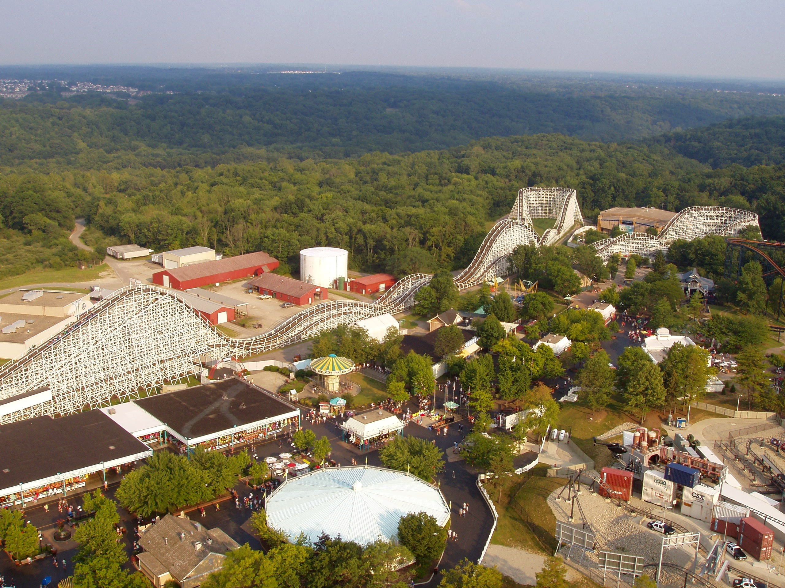 The Racer's white wooden structure seen from the Eiffel Tower at Paramount's Kings Island, August 2006