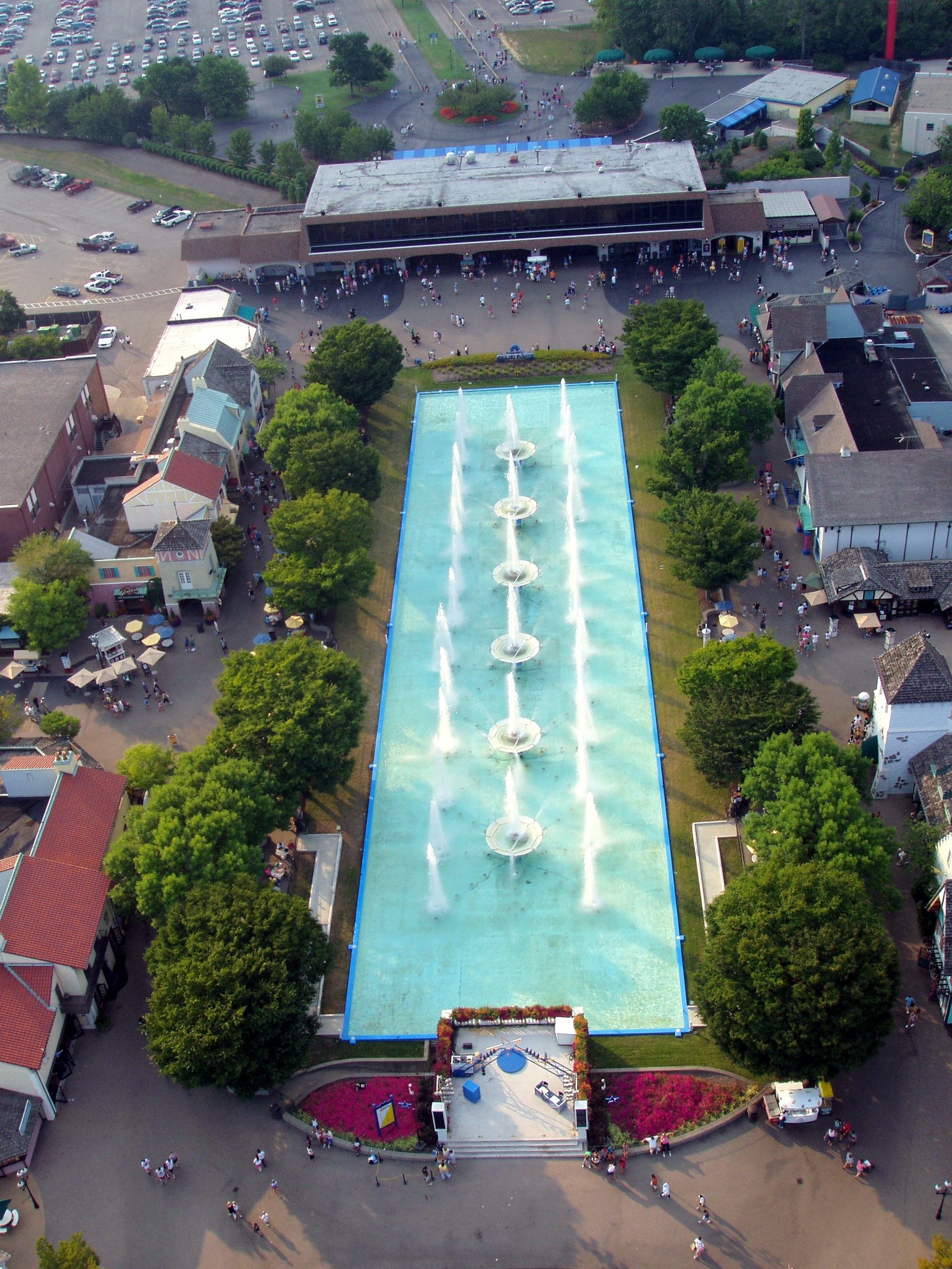 The Royal Fountain on International Street seen from the Eiffel Tower at Paramount's Kings Island, August 2006