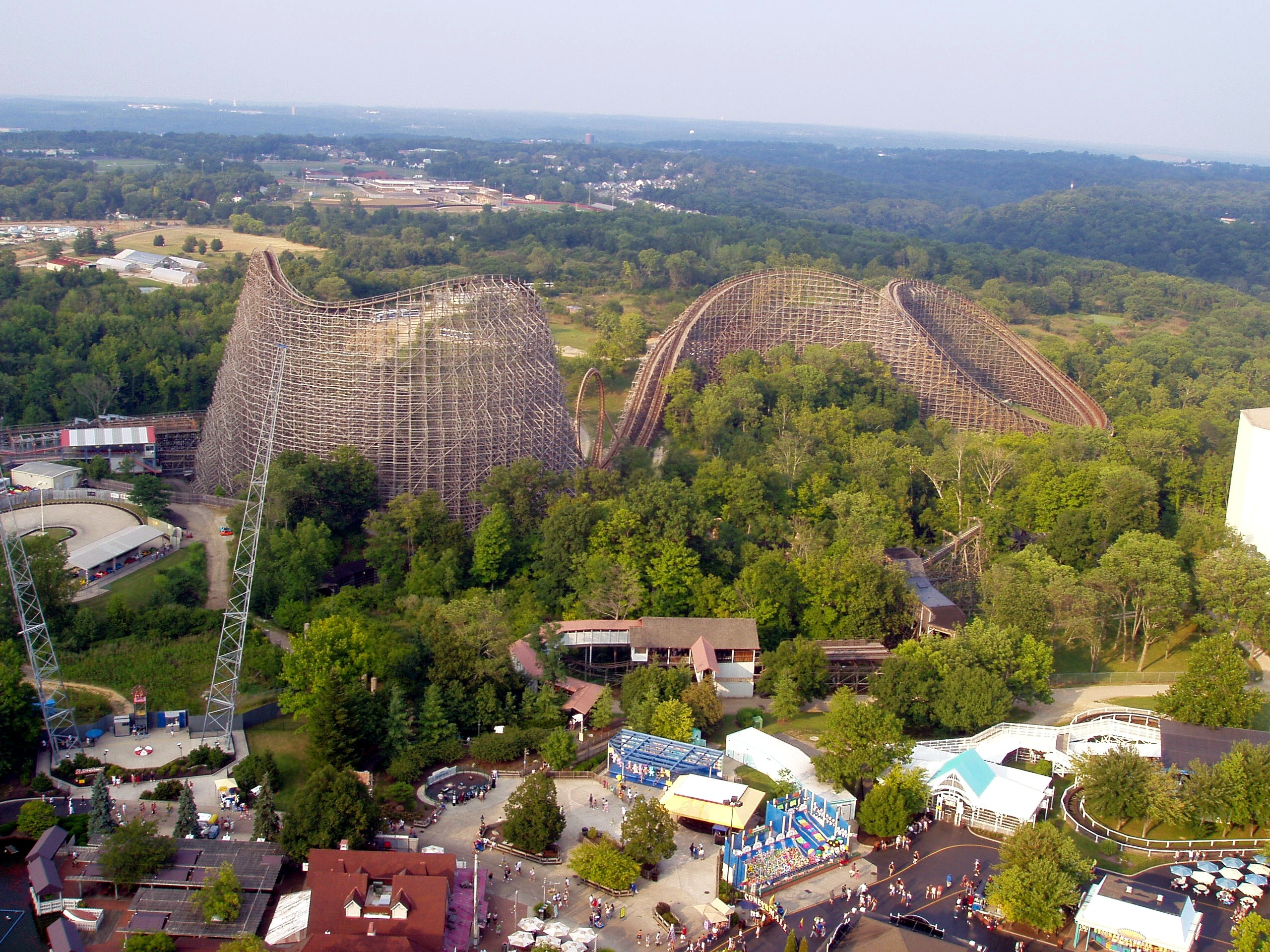 Wooden coaster structures and the back of the park seen from the Eiffel Tower at Paramount's Kings Island, August 2006