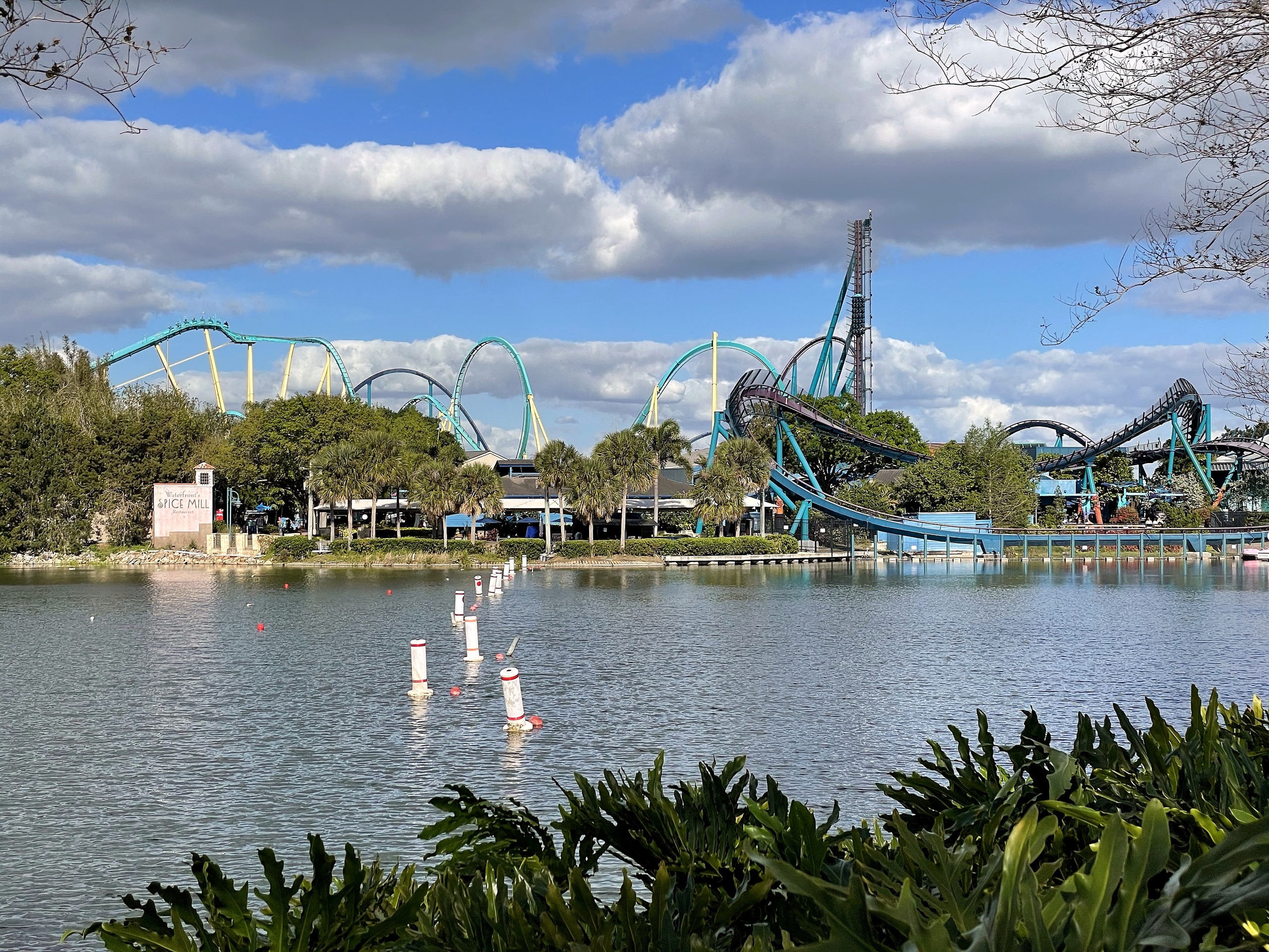 Kraken's vertical loop, Mako's lift hill and Manta's track across the lake from the Waterfront at SeaWorld Orlando, March 2021