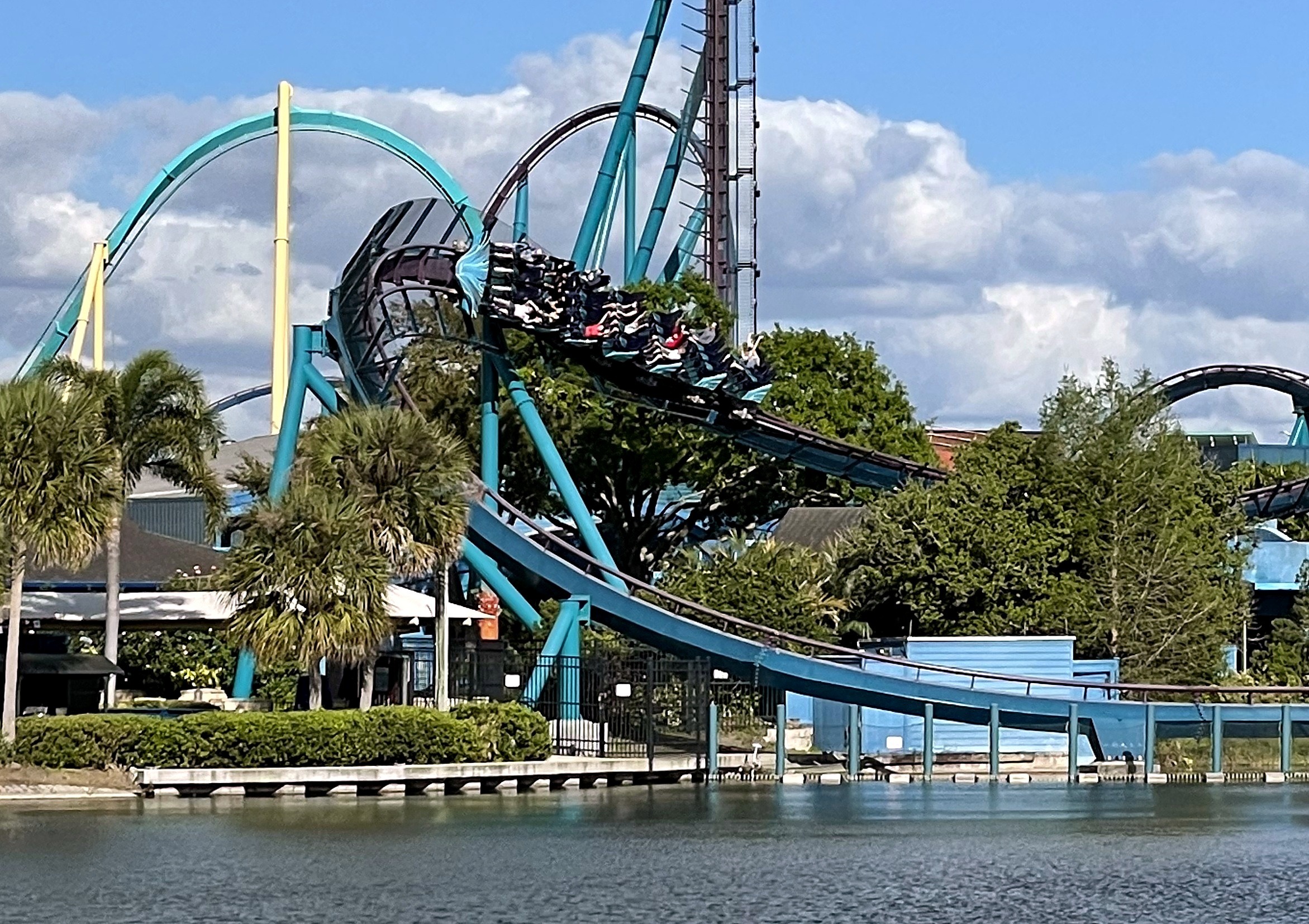 A Mako train diving toward the lakeshore with Kraken's loop and Mako's lift hill behind at SeaWorld Orlando, March 2021