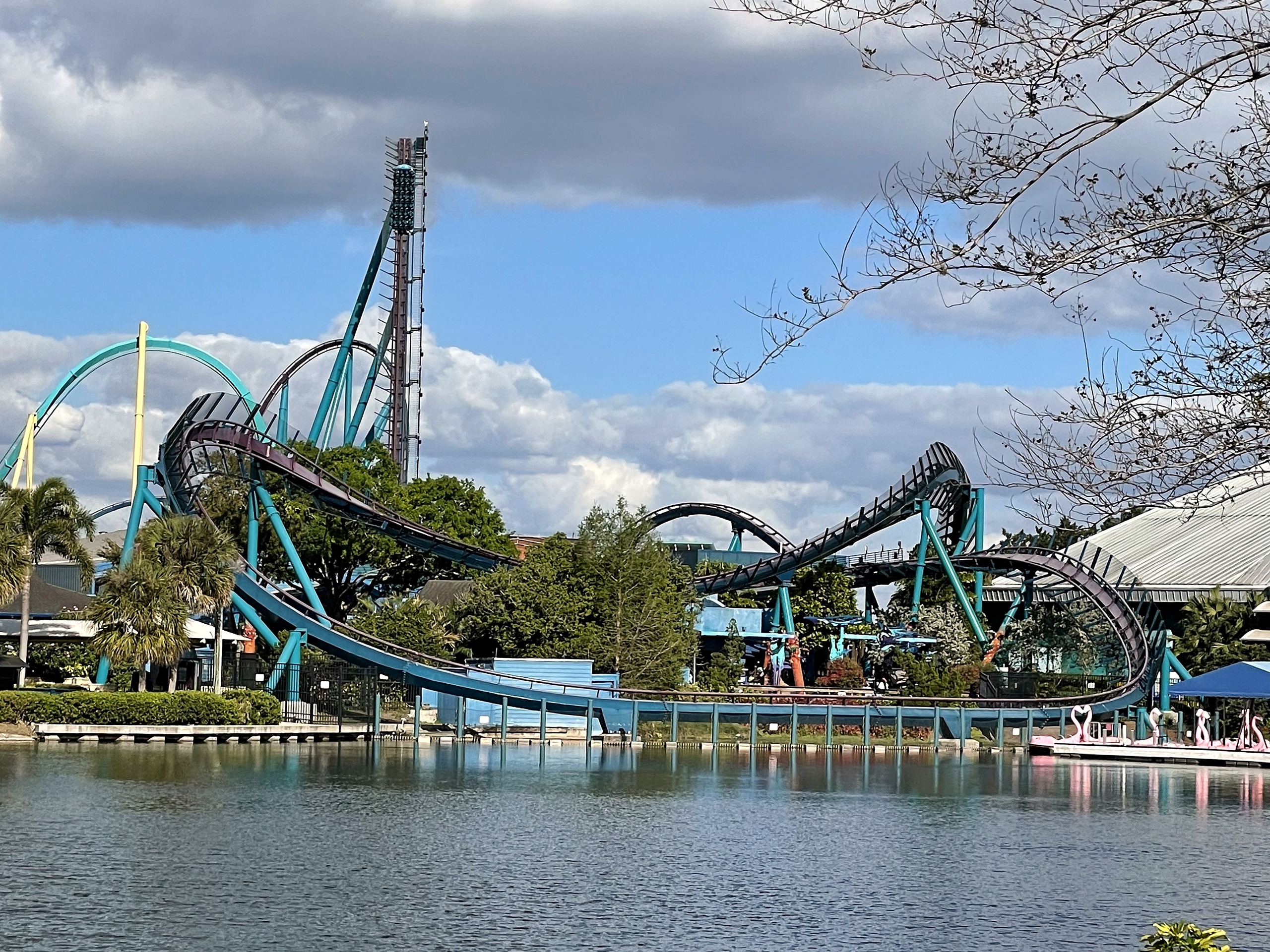 Mako's lift hill and lakeside track across the lake in the late afternoon at SeaWorld Orlando, March 2021
