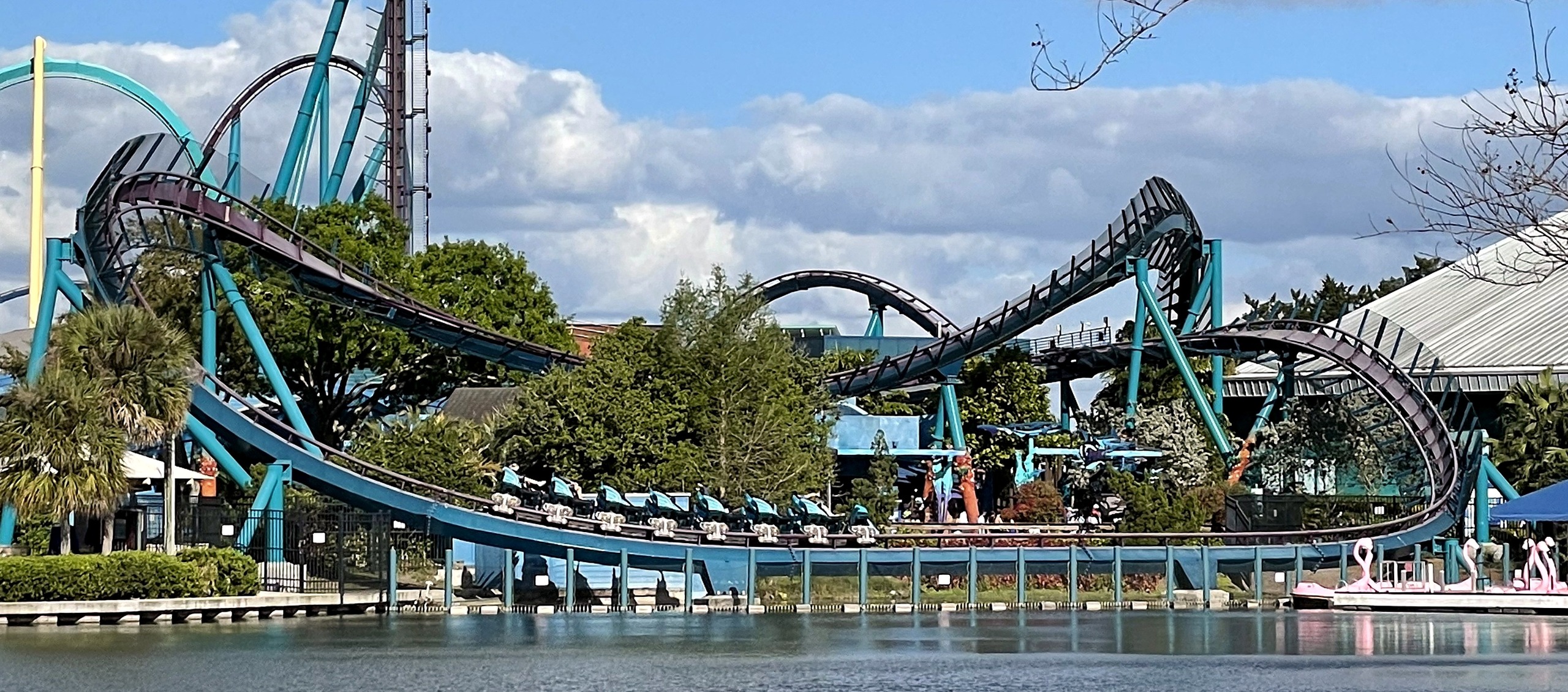 Mako's lift hill and track along the far shore of the lake at SeaWorld Orlando, March 2021