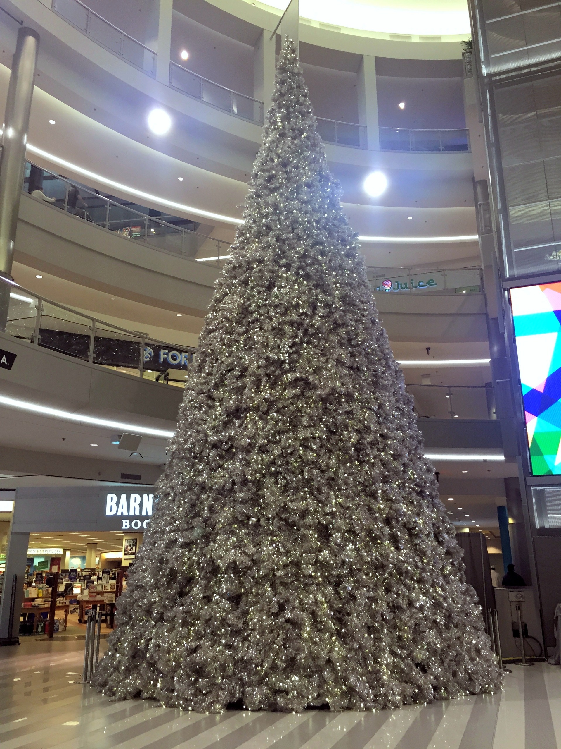 The silver Christmas tree with the mall levels behind at Mall of America, November 2015