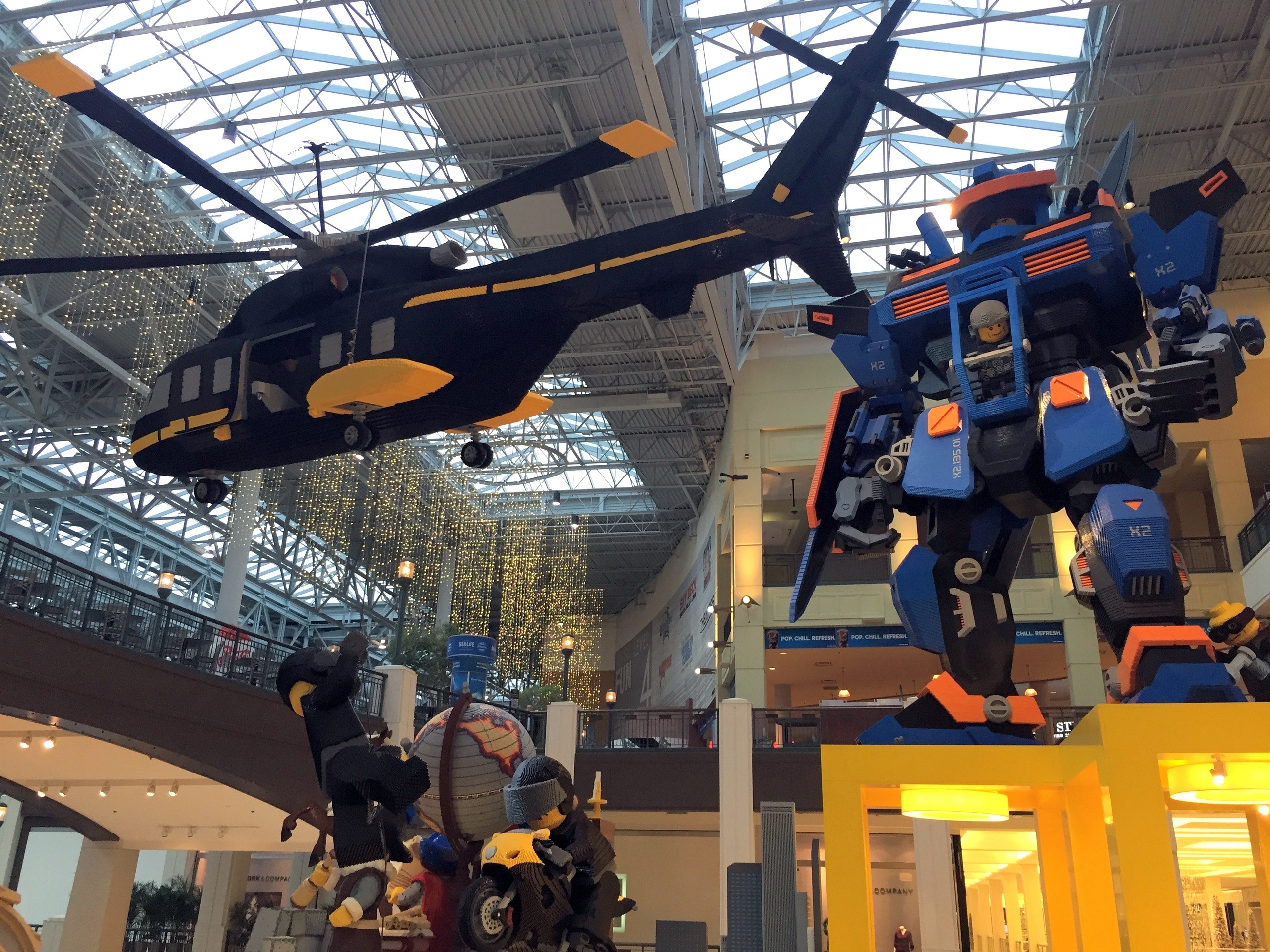 The giant Lego helicopter and robot above the Lego store atrium at Mall of America, November 2015