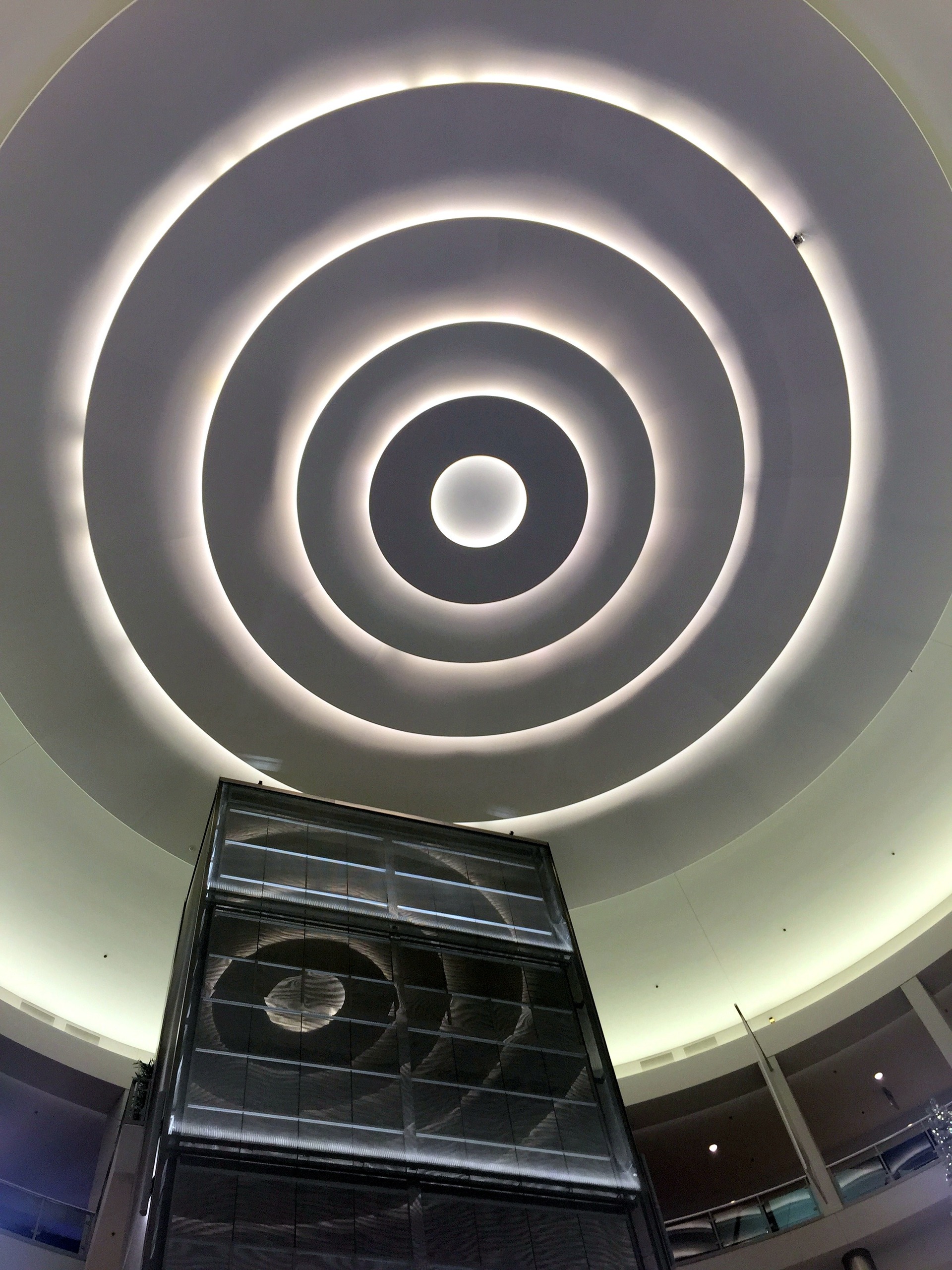 The lit concentric rings of the rotunda ceiling at Mall of America, November 2015