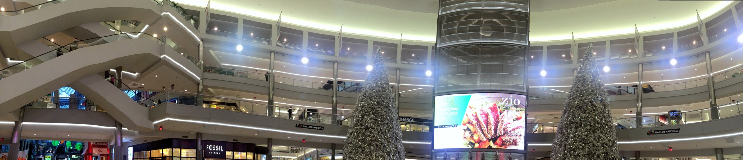 The rotunda with its Christmas trees and video screens at Mall of America, November 2015