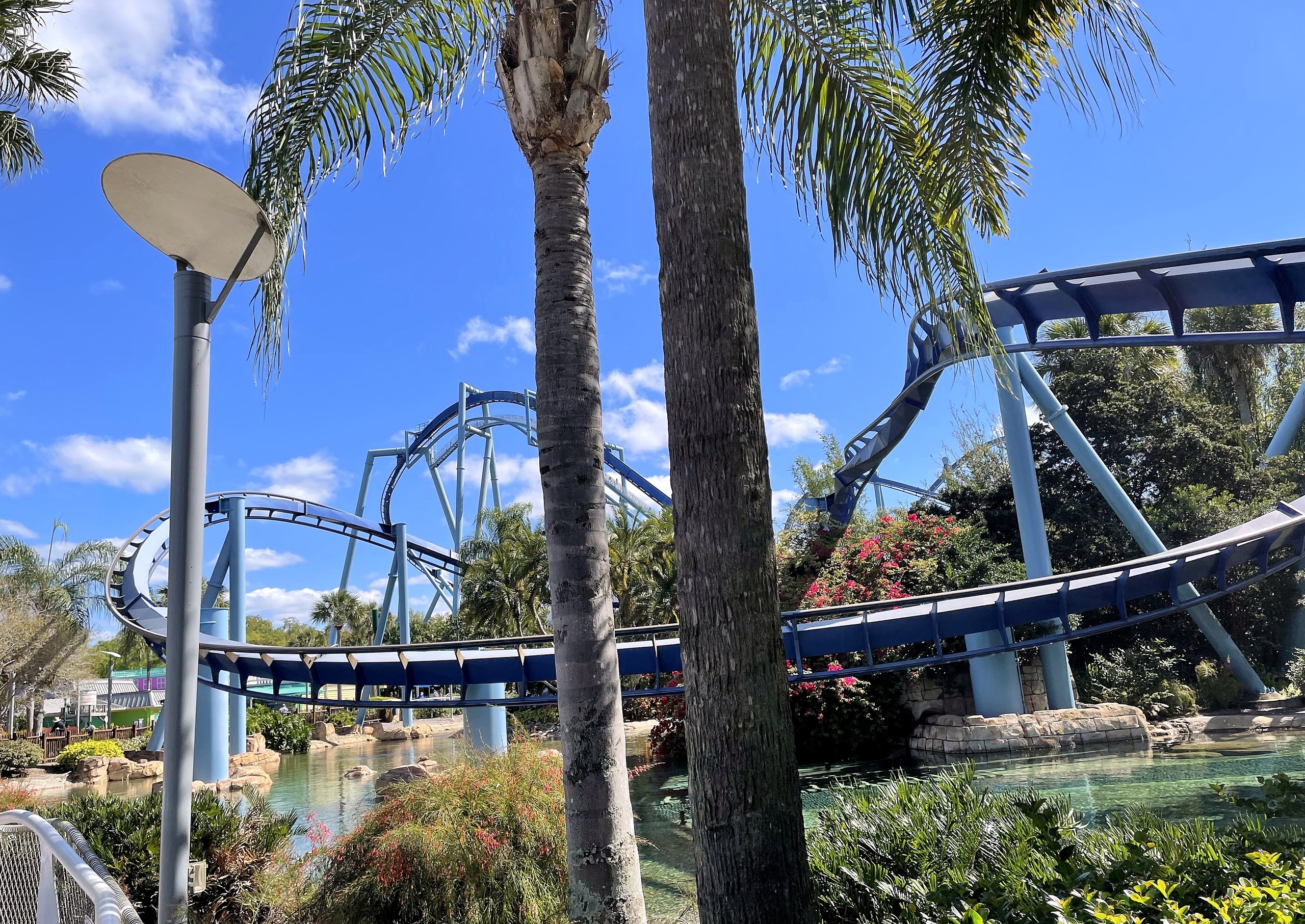 Manta's track and supports over the lagoon framed by two palm trunks and a lamp post at SeaWorld Orlando, March 2021