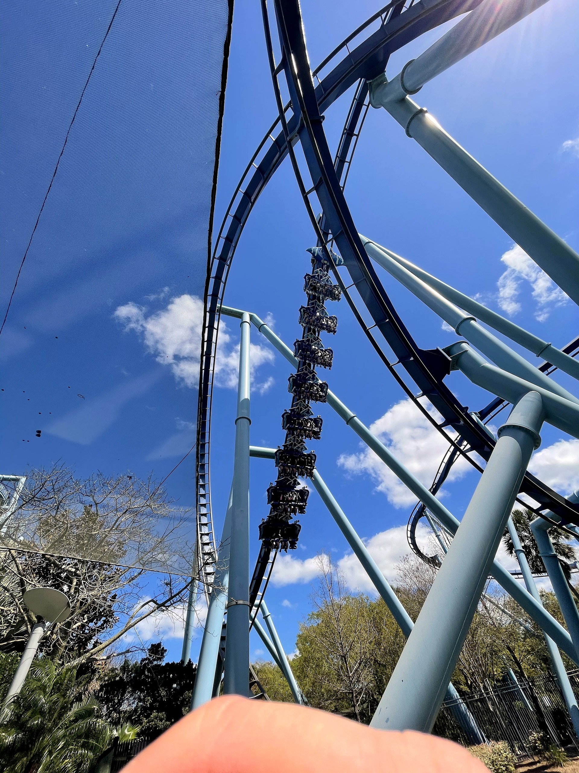 A Manta train passing through the supports overhead at SeaWorld Orlando, March 2021