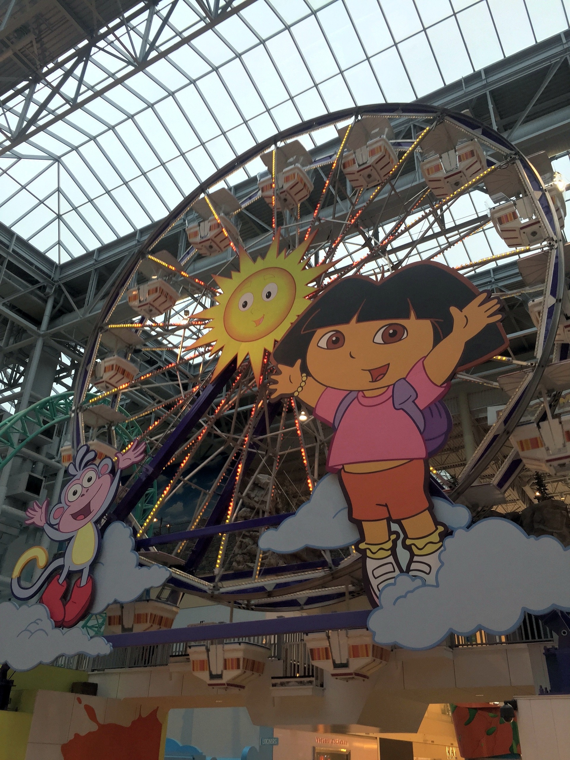 The Dora the Explorer figure on the Ferris wheel under the skylights at Nickelodeon Universe, November 2015