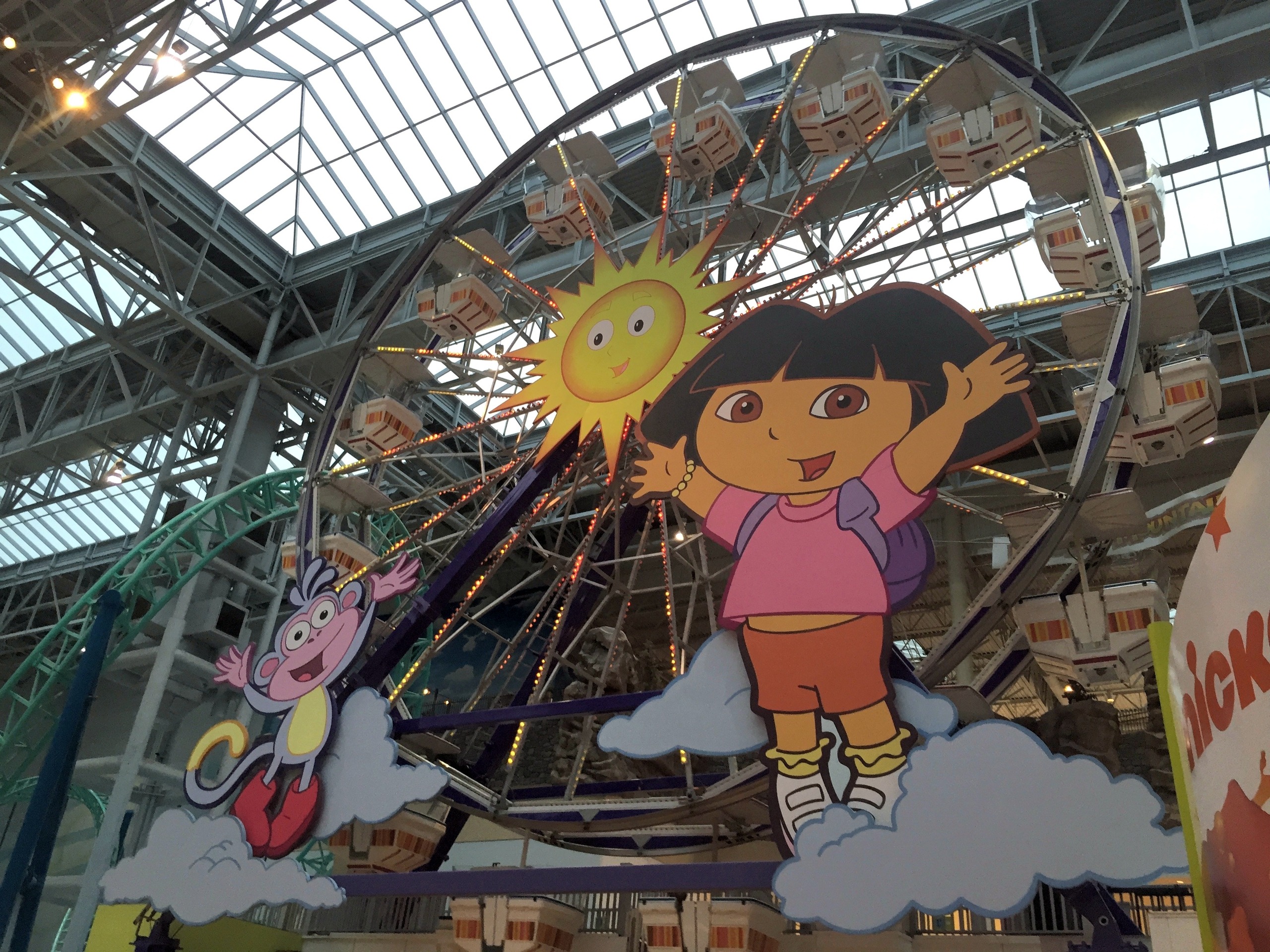 The Ferris wheel with Dora and Boots in front of the skylight roof at Nickelodeon Universe, November 2015