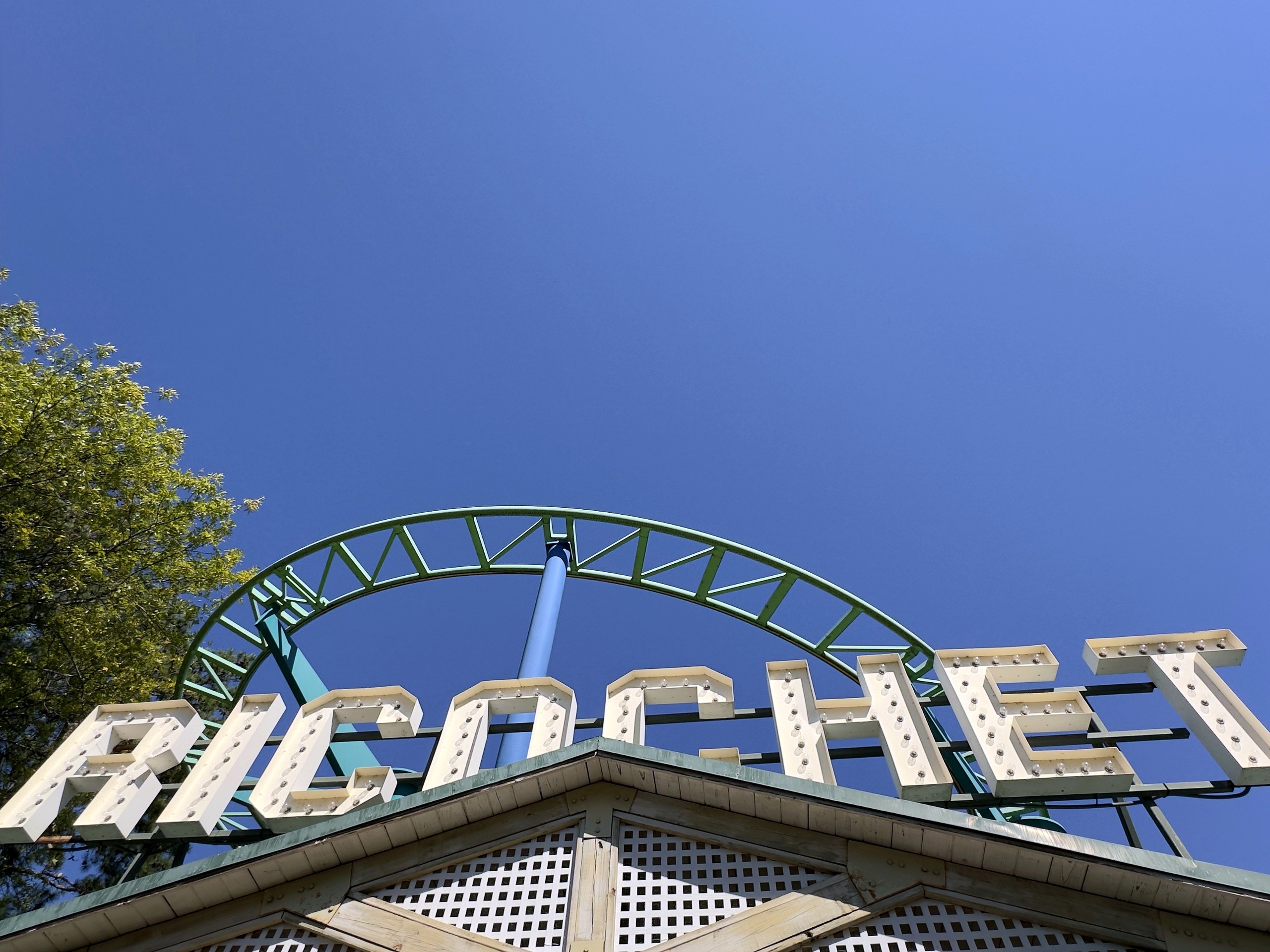 The Ricochet marquee letters with the green wild mouse track above at Carowinds, October 2024