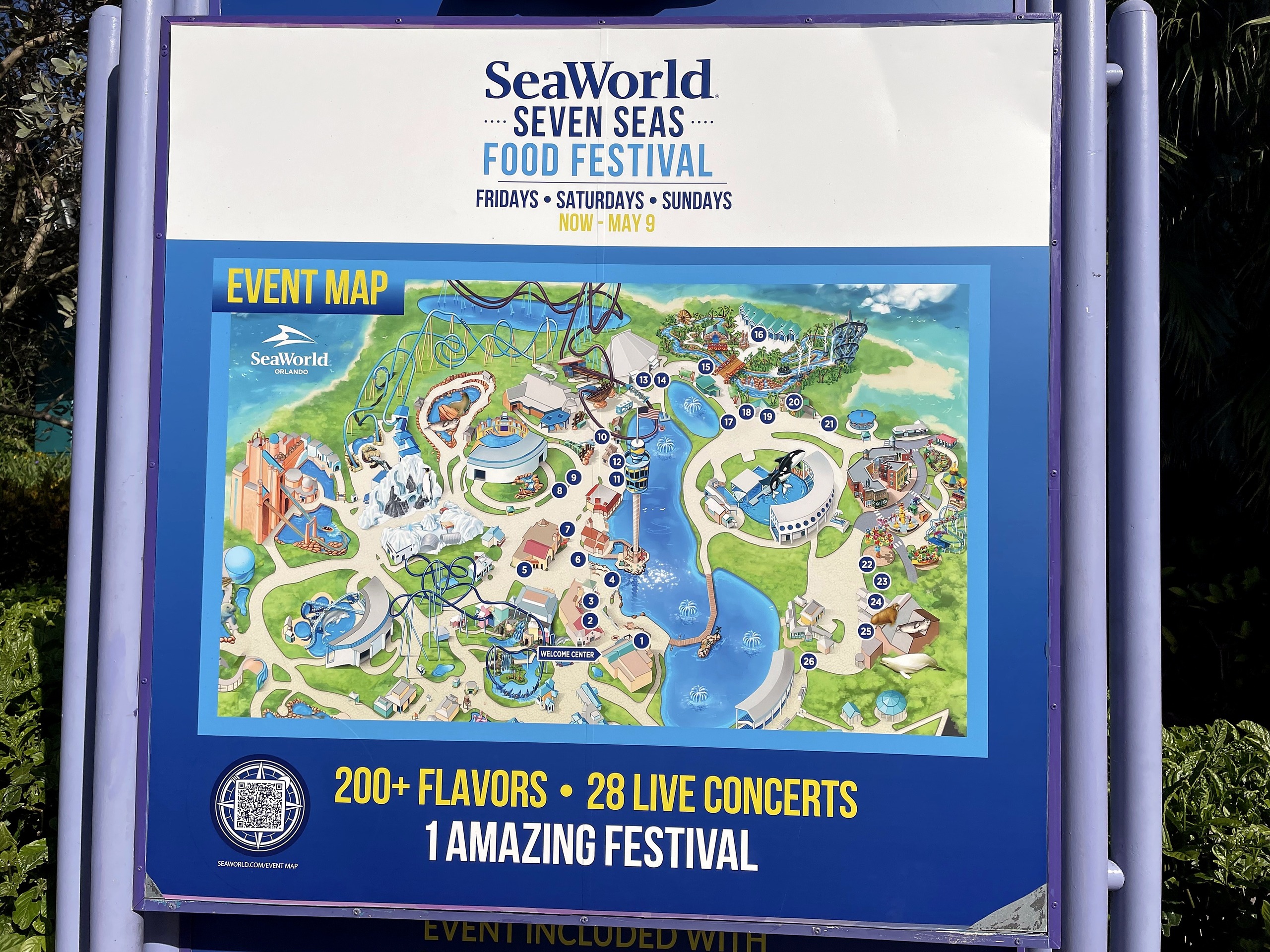 The Seven Seas Food Festival event map sign at SeaWorld Orlando, March 2021