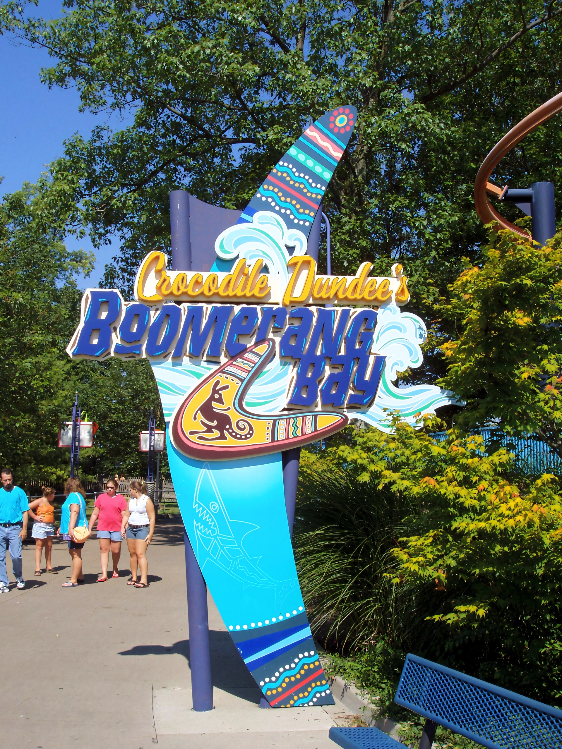 The Crocodile Dundee's Boomerang Bay entrance sign, a giant boomerang over the path, at Kings Island's water park, then Boomerang Bay and now Soak City, July 2005