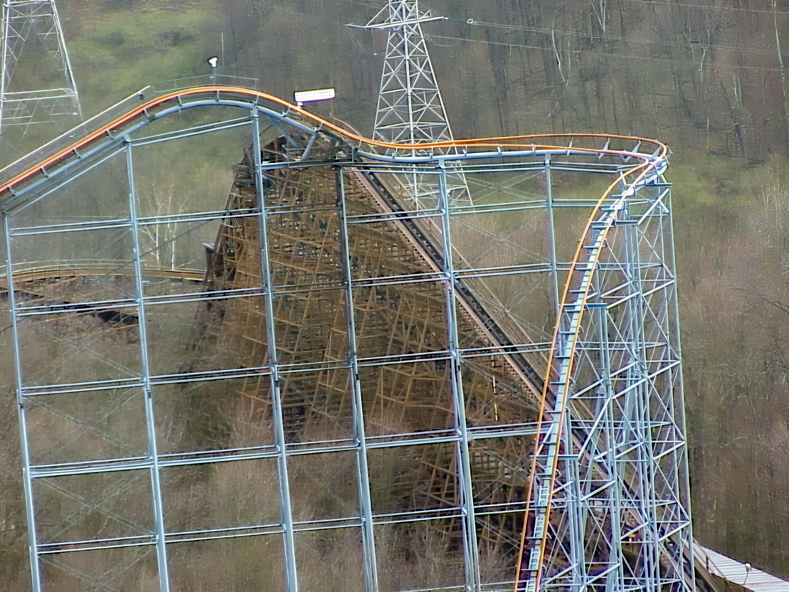Son of Beast's steel loop on white supports in front of a wooden coaster structure at Paramount's Kings Island, April 2001