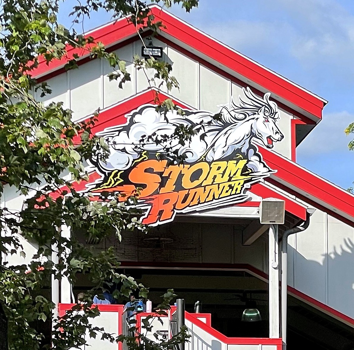 The Storm Runner sign on the station at Hersheypark, June 2021